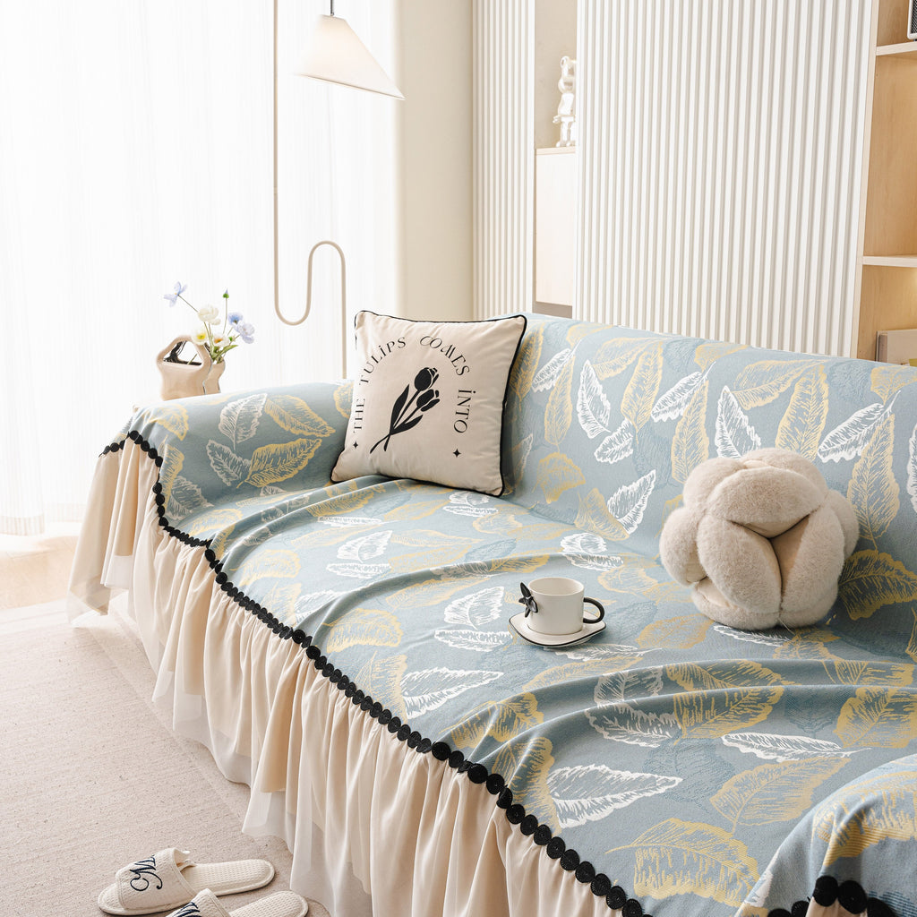 Leaf Jacquard Sofa Cover with Ruffle Skirt – Non-Slip Couch Protector with Sheer Hem