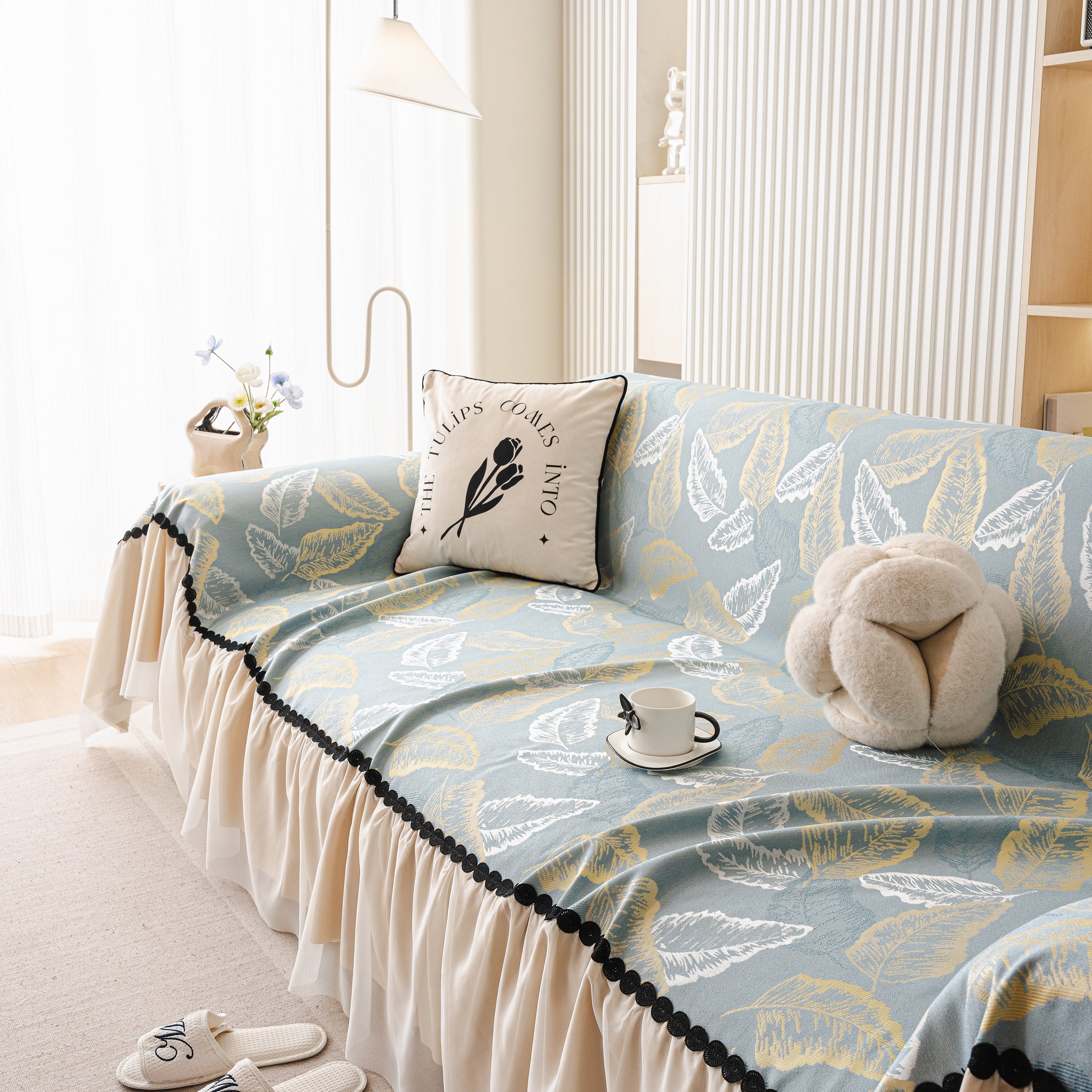 Leaf Jacquard Sofa Cover with Ruffle Skirt – Non-Slip Couch Protector with Sheer Hem