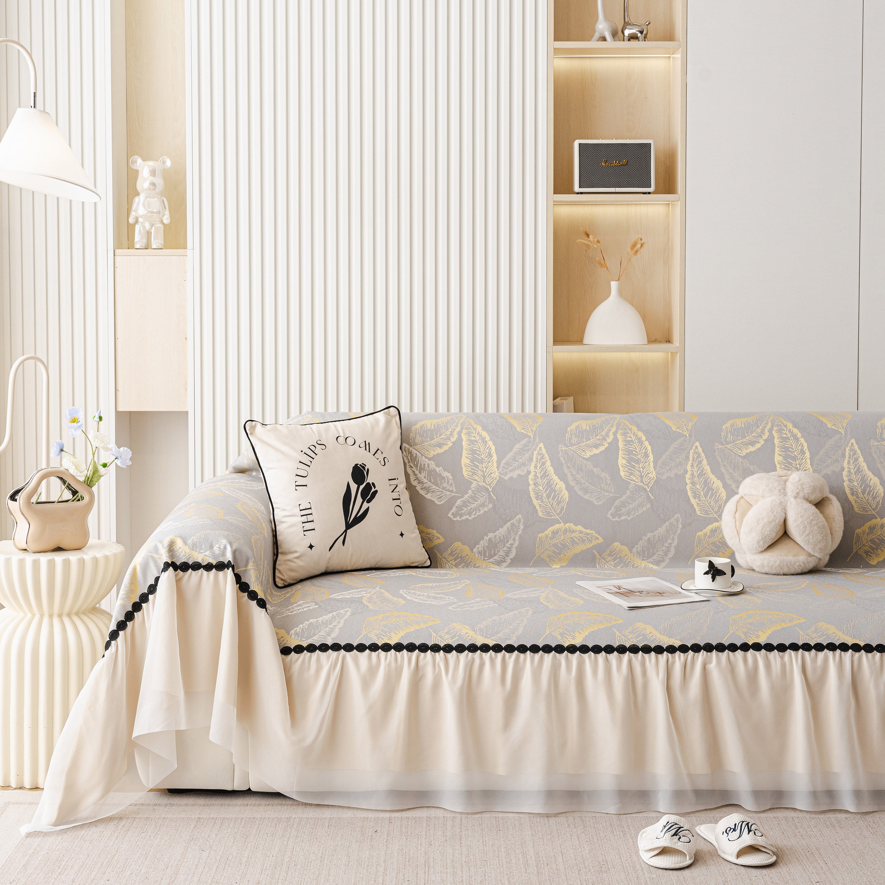 Leaf Jacquard Sofa Cover with Ruffle Skirt – Non-Slip Couch Protector with Sheer Hem