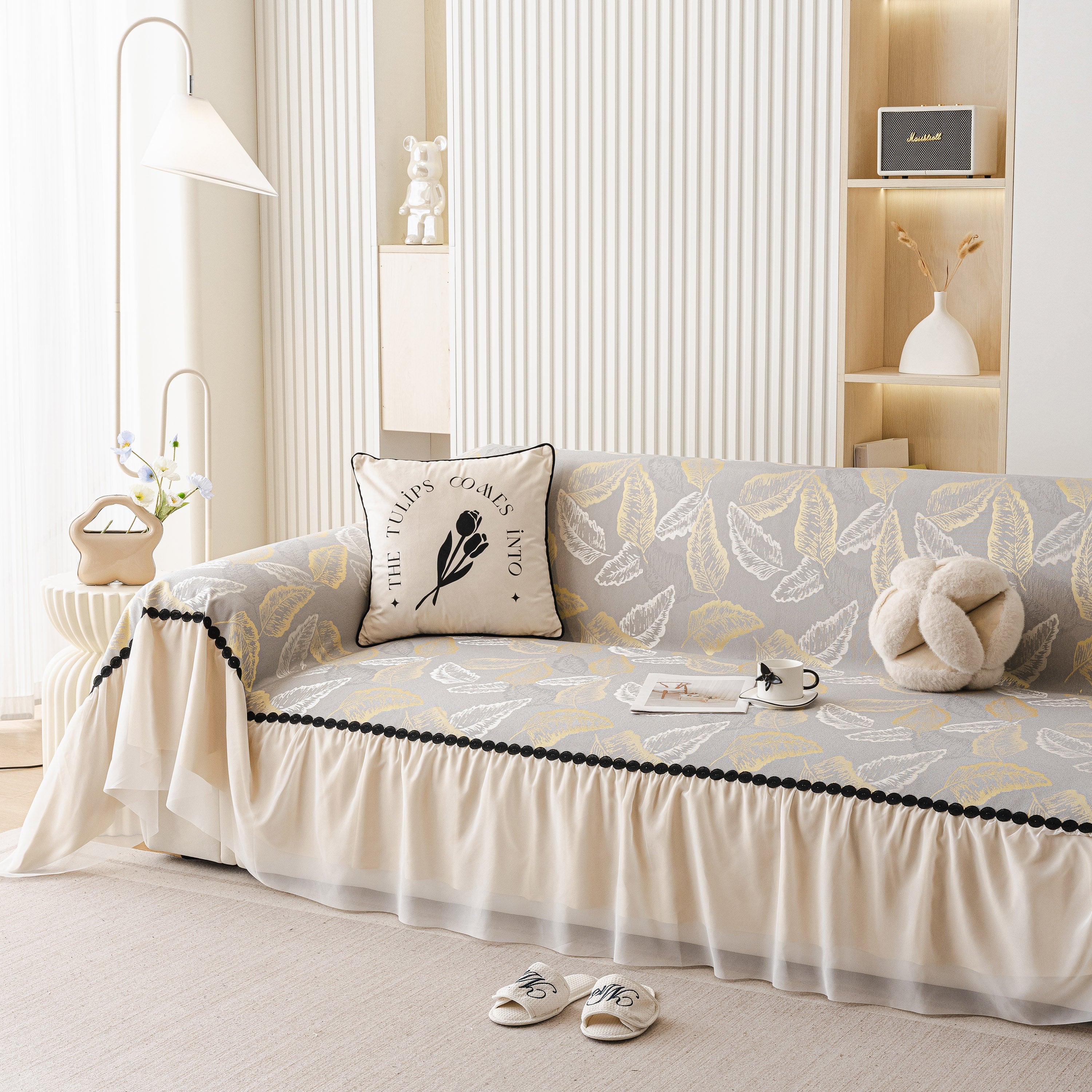 Leaf Jacquard Sofa Cover with Ruffle Skirt – Non-Slip Couch Protector with Sheer Hem
