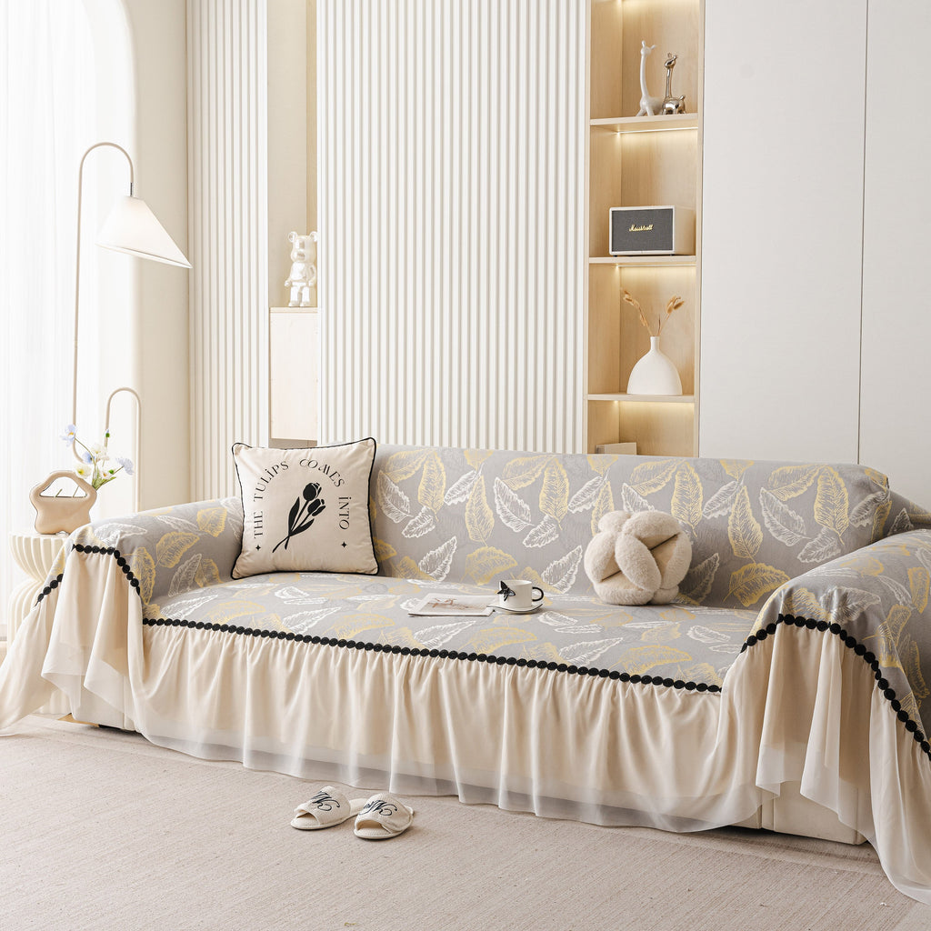 Leaf Jacquard Sofa Cover with Ruffle Skirt – Non-Slip Couch Protector with Sheer Hem