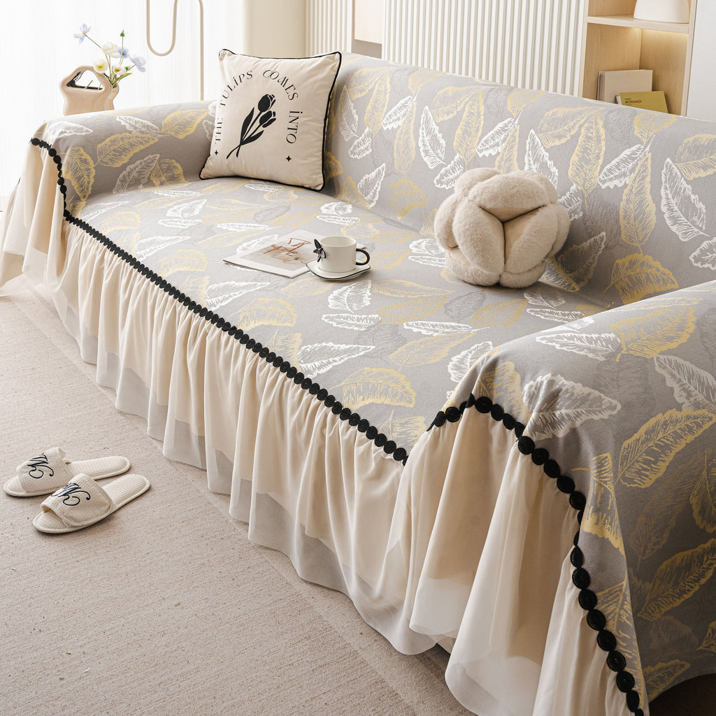 Leaf Jacquard Sofa Cover with Ruffle Skirt – Non-Slip Couch Protector with Sheer Hem