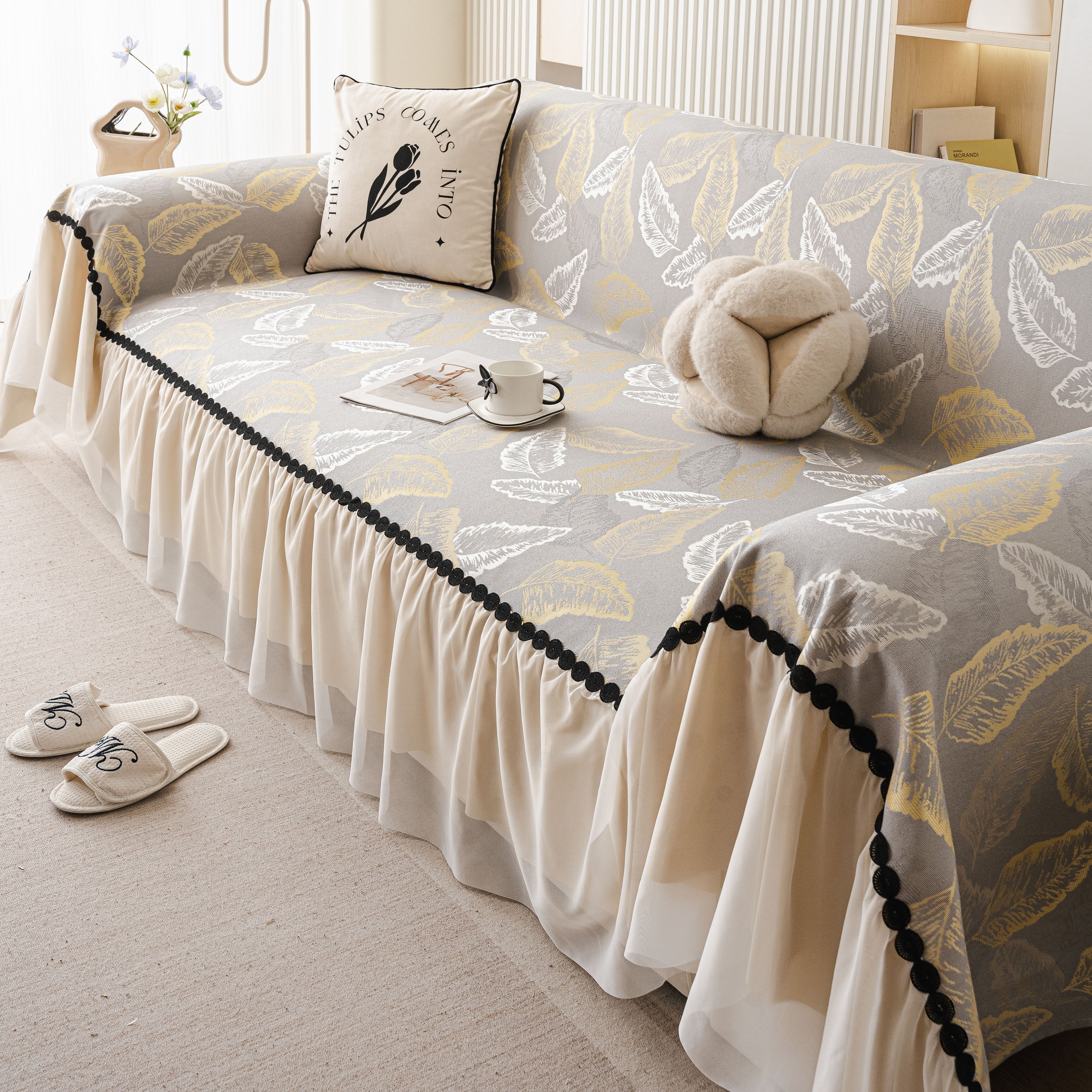 Leaf Jacquard Sofa Cover with Ruffle Skirt – Non-Slip Couch Protector with Sheer Hem