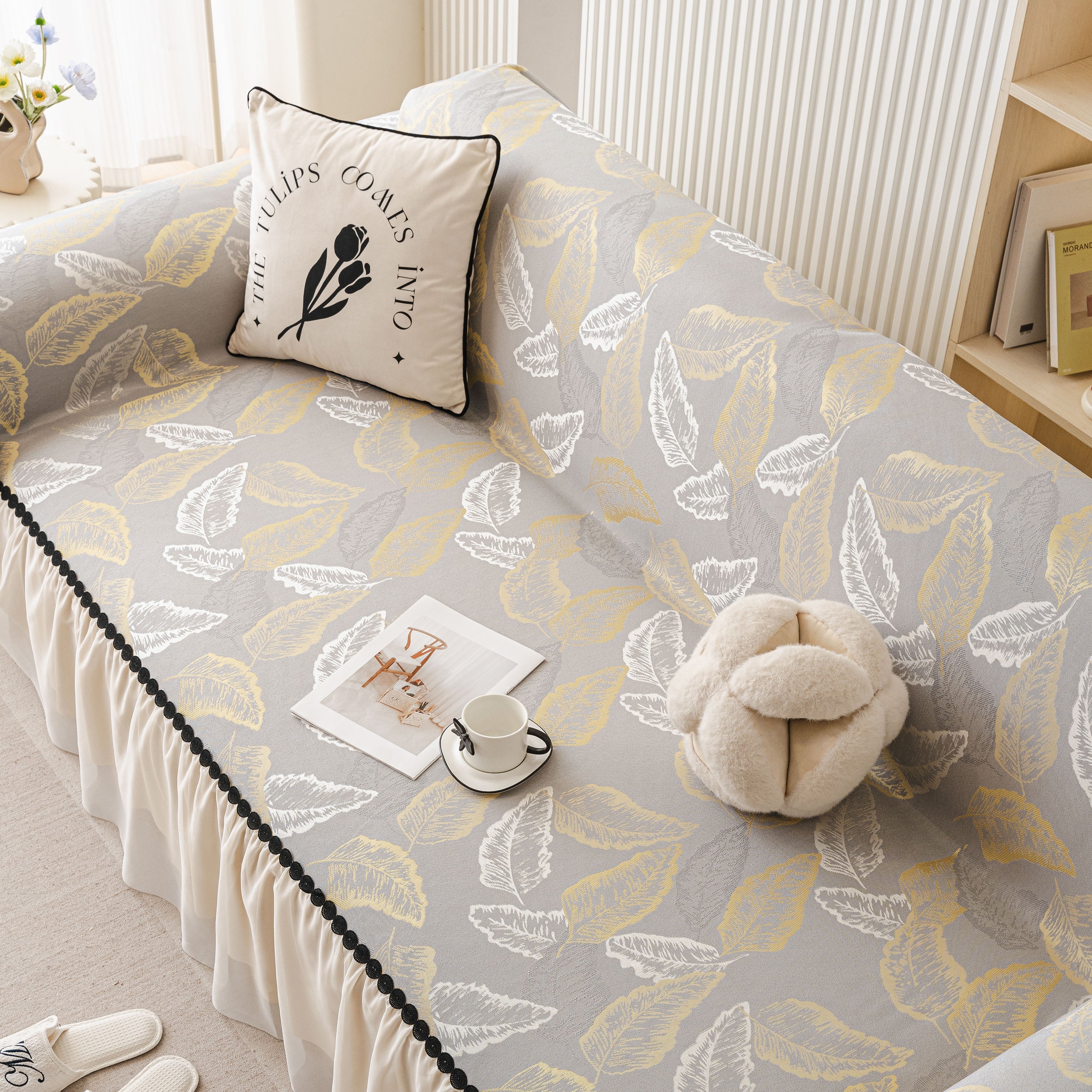 Leaf Jacquard Sofa Cover with Ruffle Skirt – Non-Slip Couch Protector with Sheer Hem