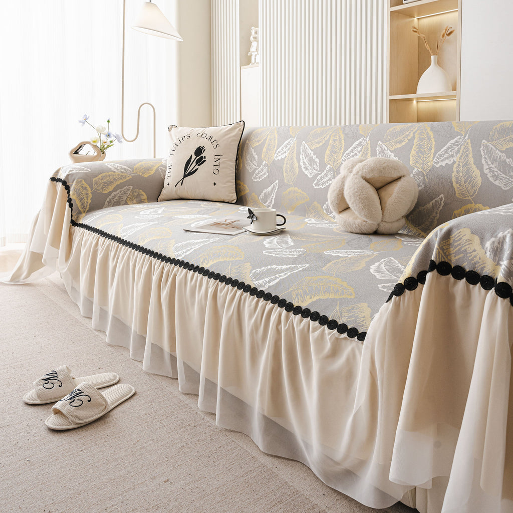 Leaf Jacquard Sofa Cover with Ruffle Skirt – Non-Slip Couch Protector with Sheer Hem
