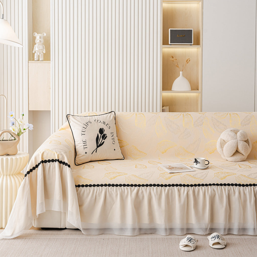 Leaf Jacquard Sofa Cover with Ruffle Skirt – Non-Slip Couch Protector with Sheer Hem