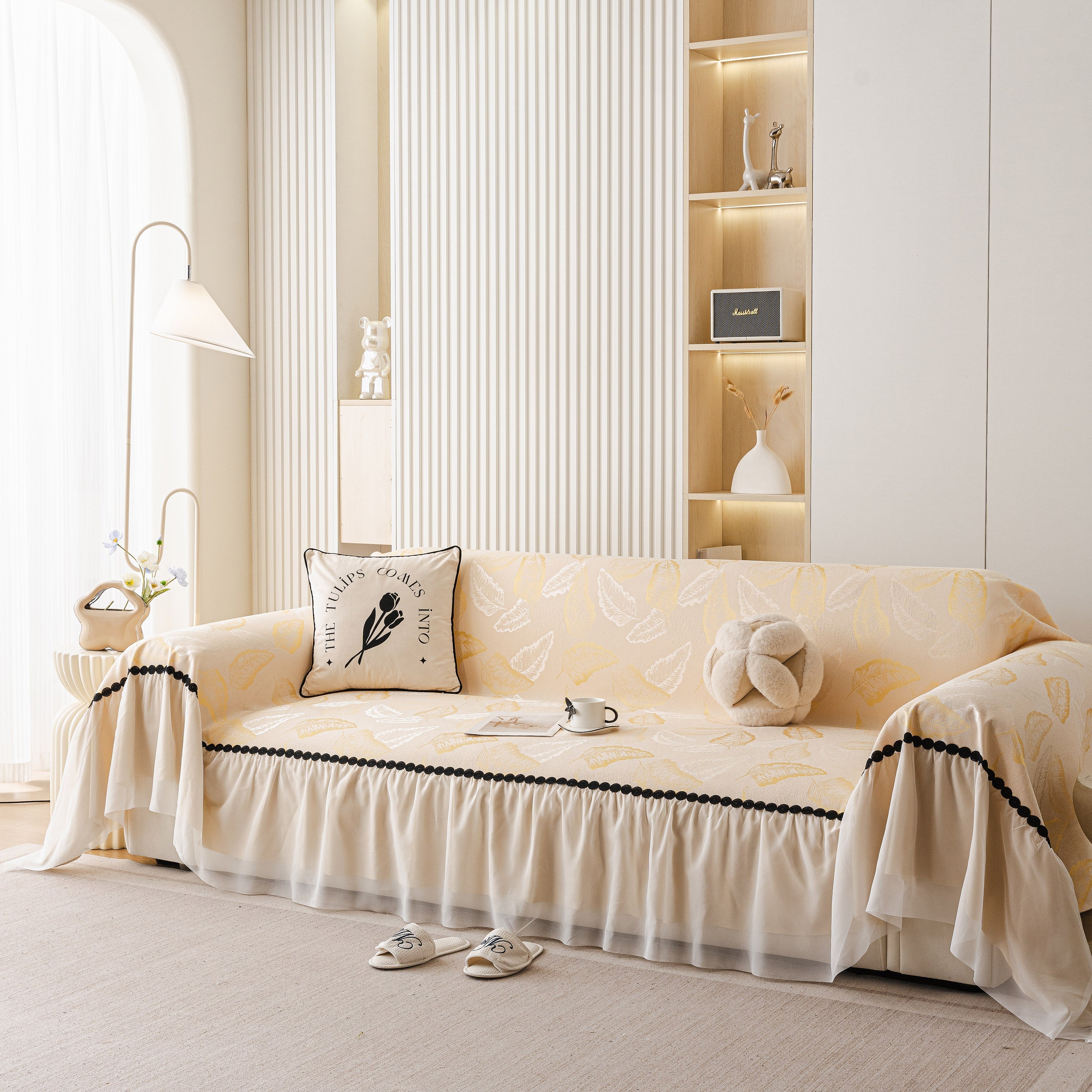 Leaf Jacquard Sofa Cover with Ruffle Skirt – Non-Slip Couch Protector with Sheer Hem