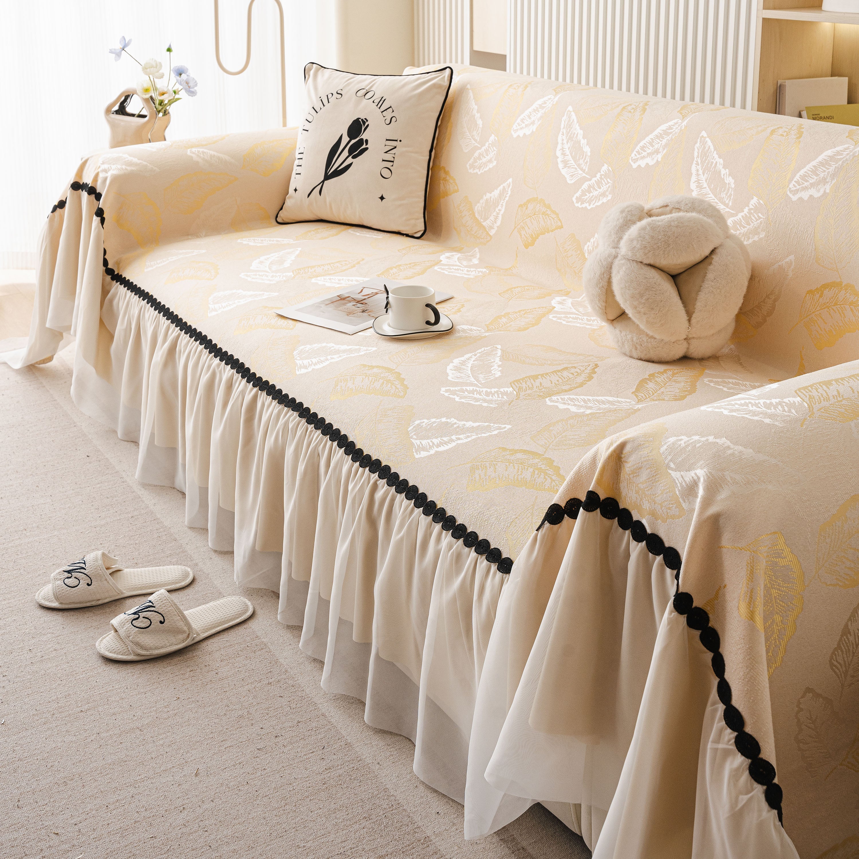 Leaf Jacquard Sofa Cover with Ruffle Skirt – Non-Slip Couch Protector with Sheer Hem