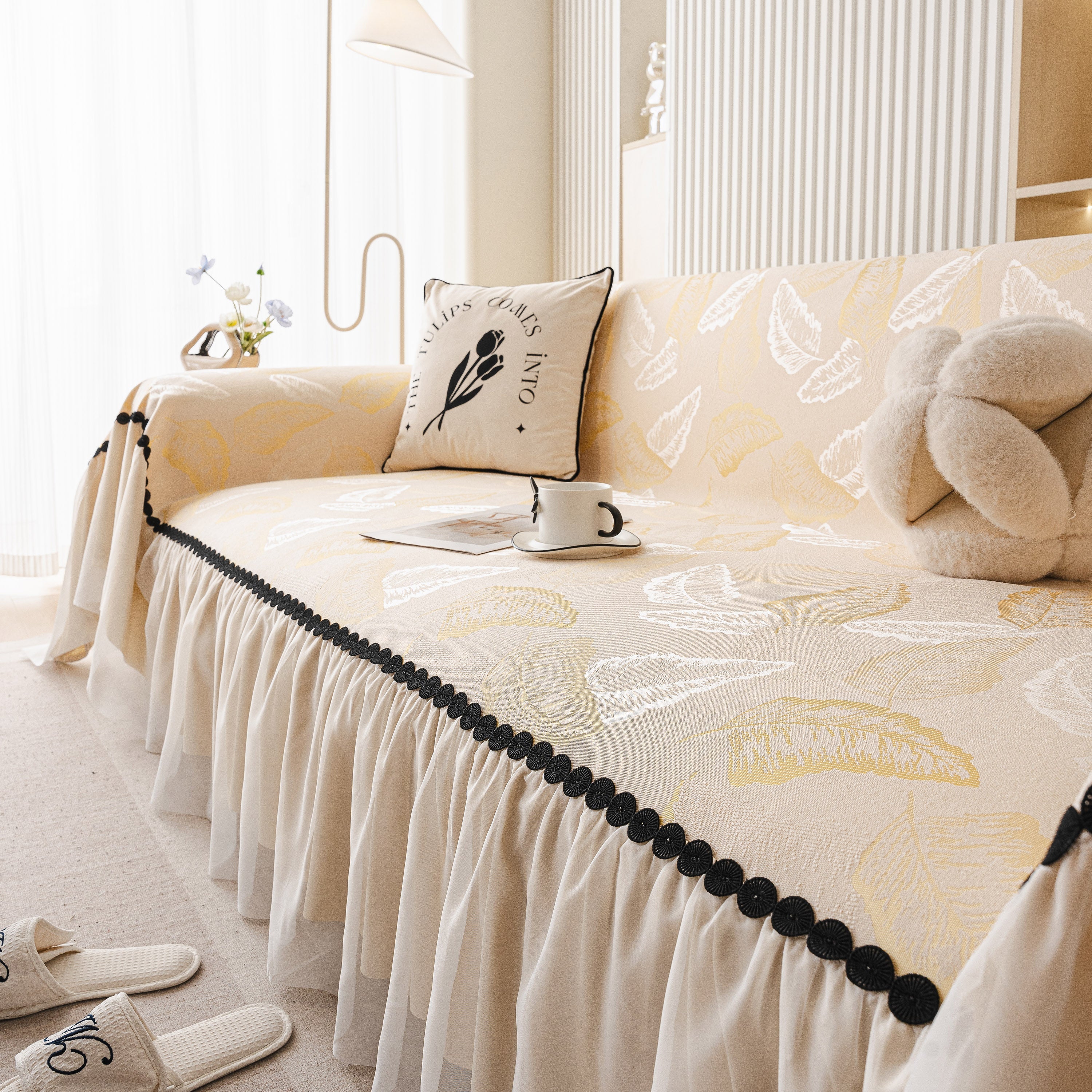 Leaf Jacquard Sofa Cover with Ruffle Skirt – Non-Slip Couch Protector with Sheer Hem