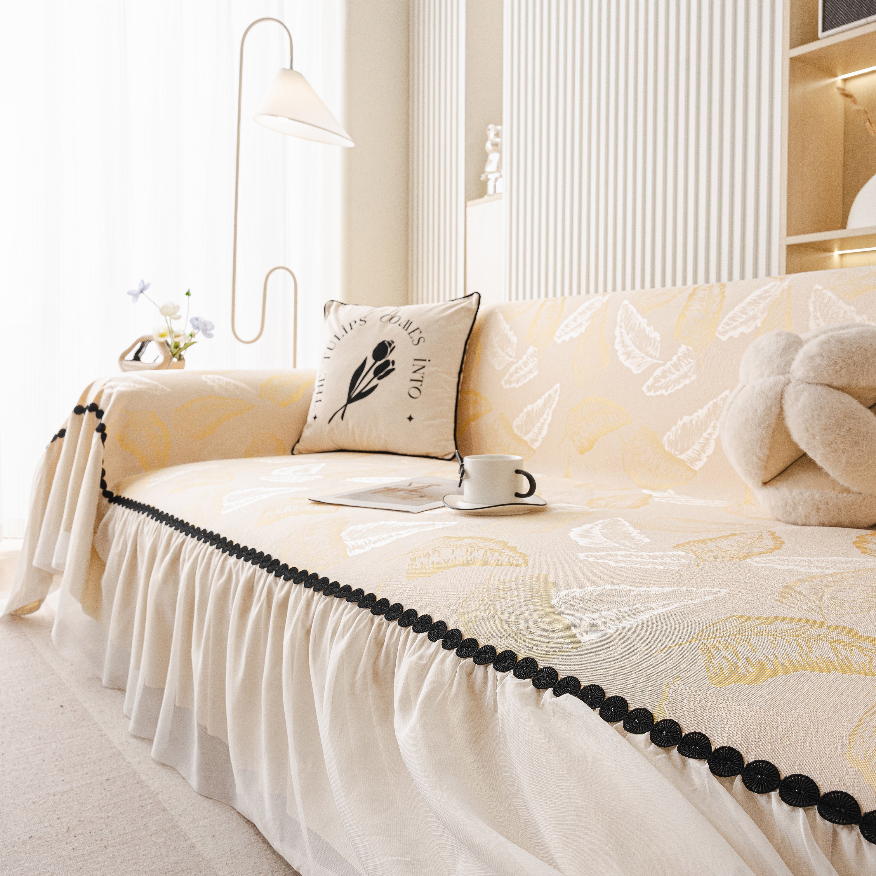 Leaf Jacquard Sofa Cover with Ruffle Skirt – Non-Slip Couch Protector with Sheer Hem