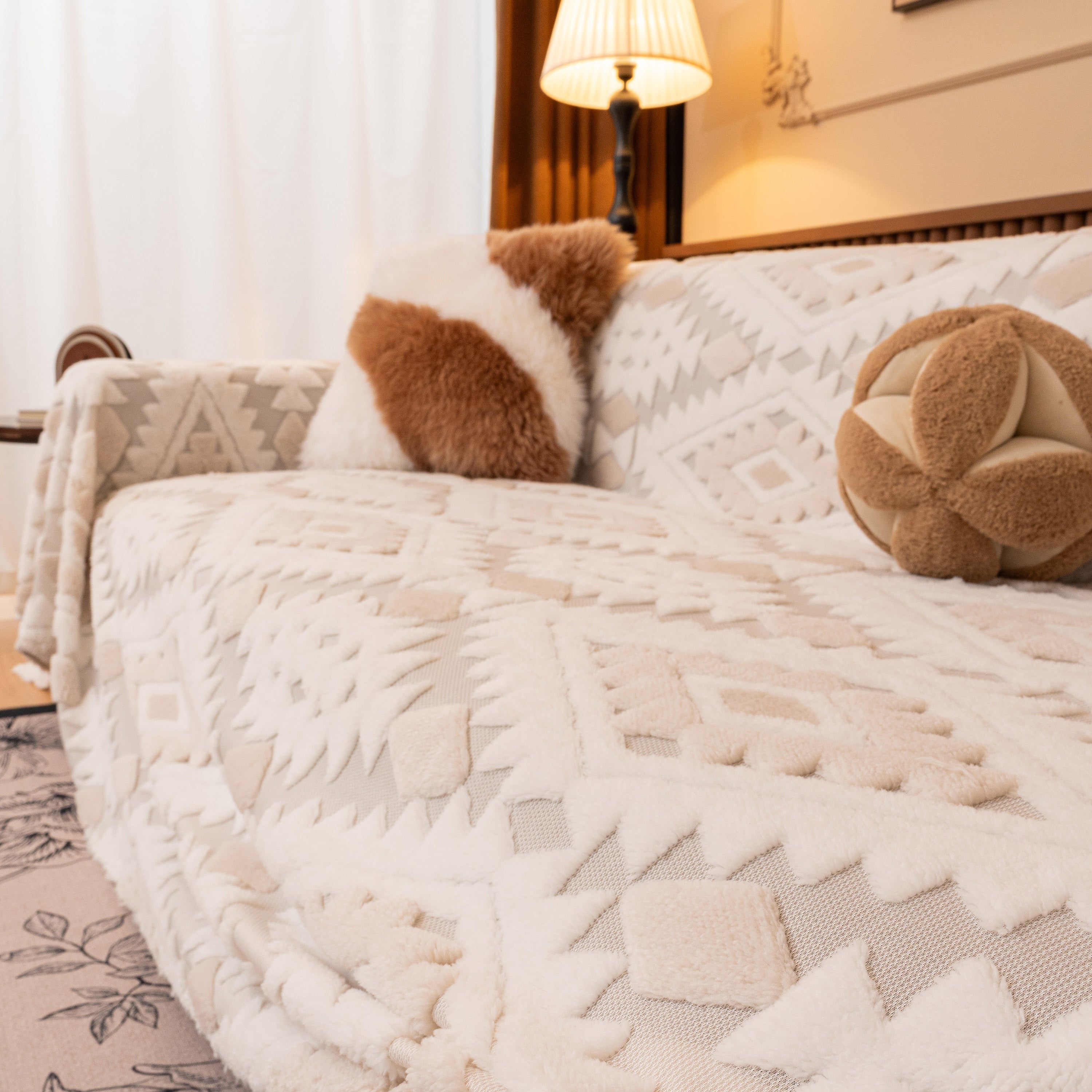 Bohemian Tufted Sofa Cover, Soft Sherpa Fleece Throw Blanket with 3D Aztec Geometric