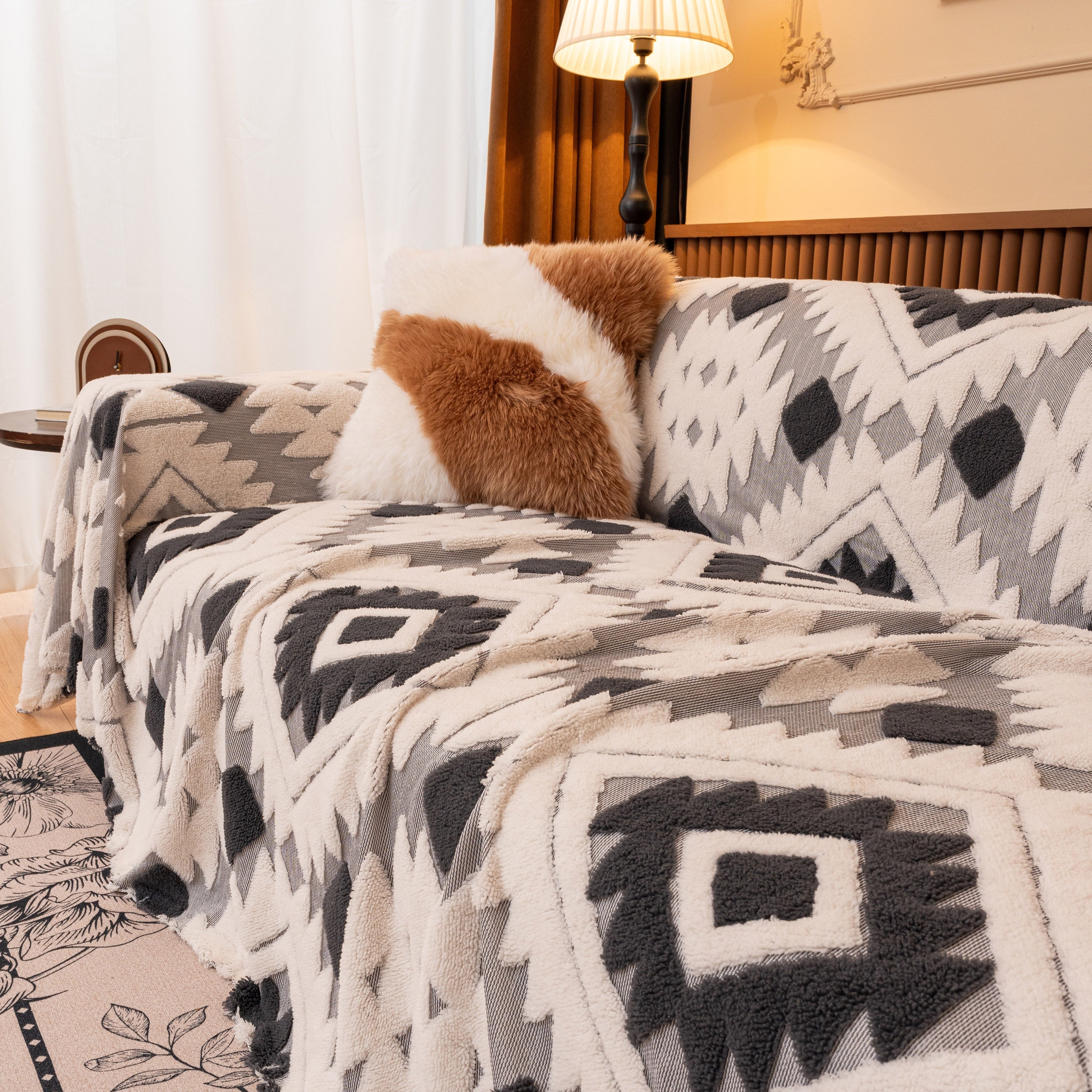 Bohemian Tufted Sofa Cover, Soft Sherpa Fleece Throw Blanket with 3D Aztec Geometric