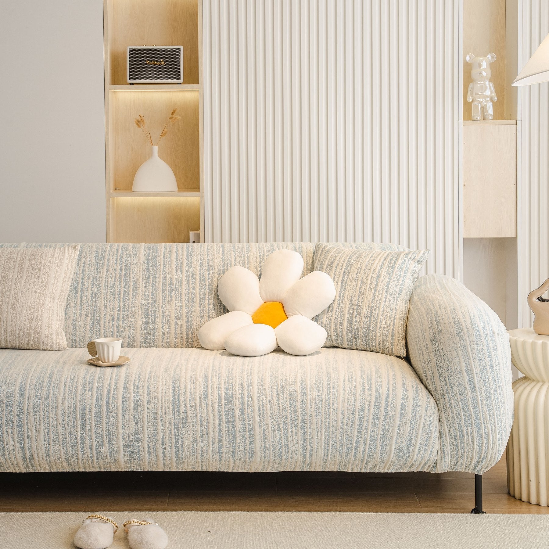 Ribbed Washable Sofa Cover, High Stretch Striped Couch Slipcover with Tie Straps
