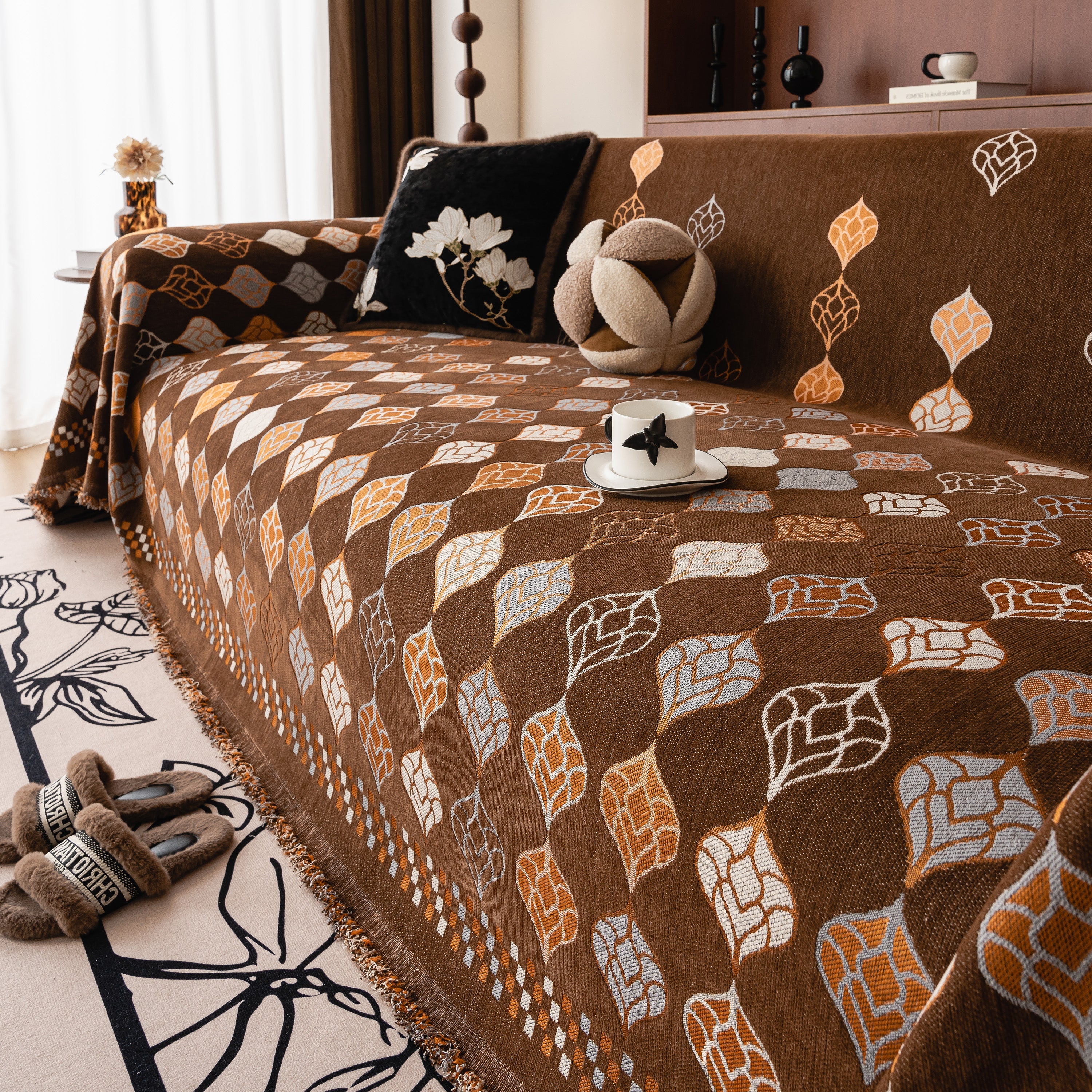 Boho Geometric Sofa Slipcovers Chenille Scratch Resistant Couch Protective Covers