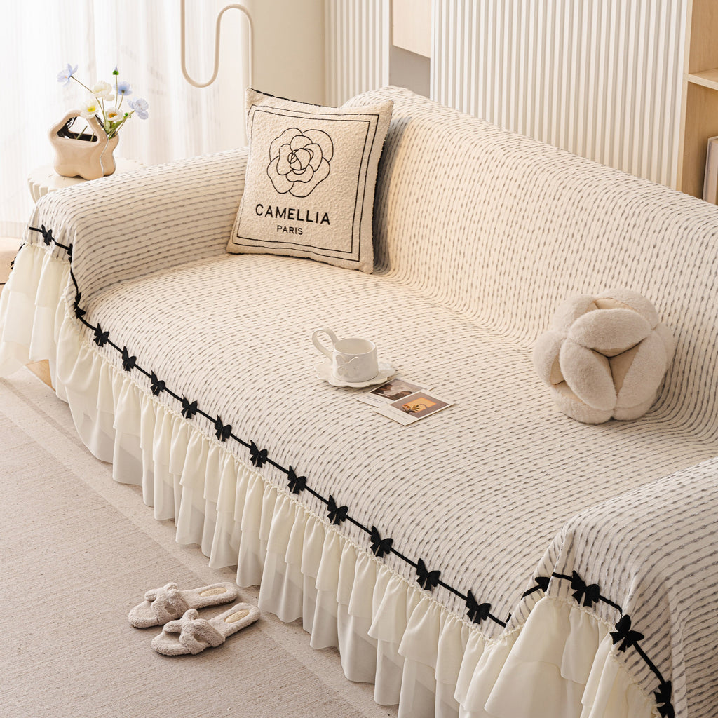 Ruffled Sofa Cover with Bowknot Decor, French Country Style Skirted Couch Slipcover