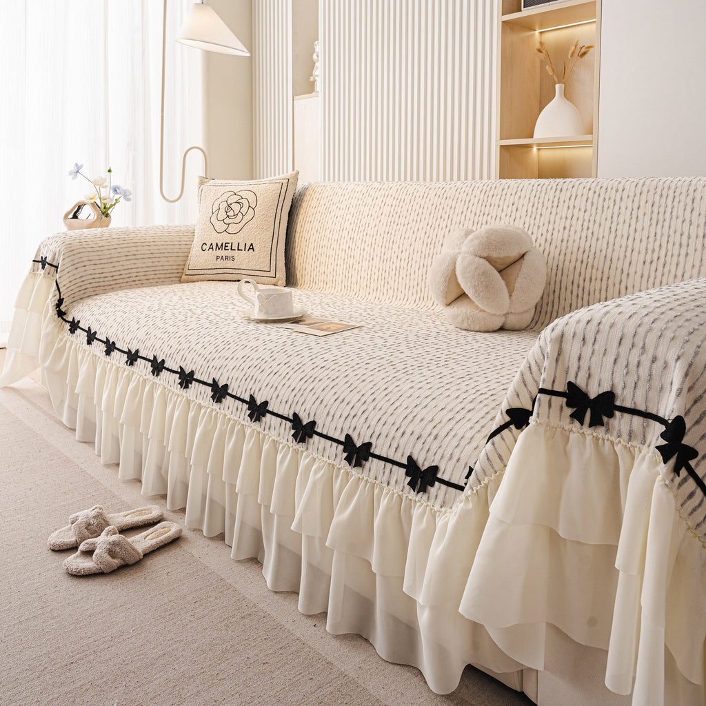 Ruffled Sofa Cover with Bowknot Decor, French Country Style Skirted Couch Slipcover