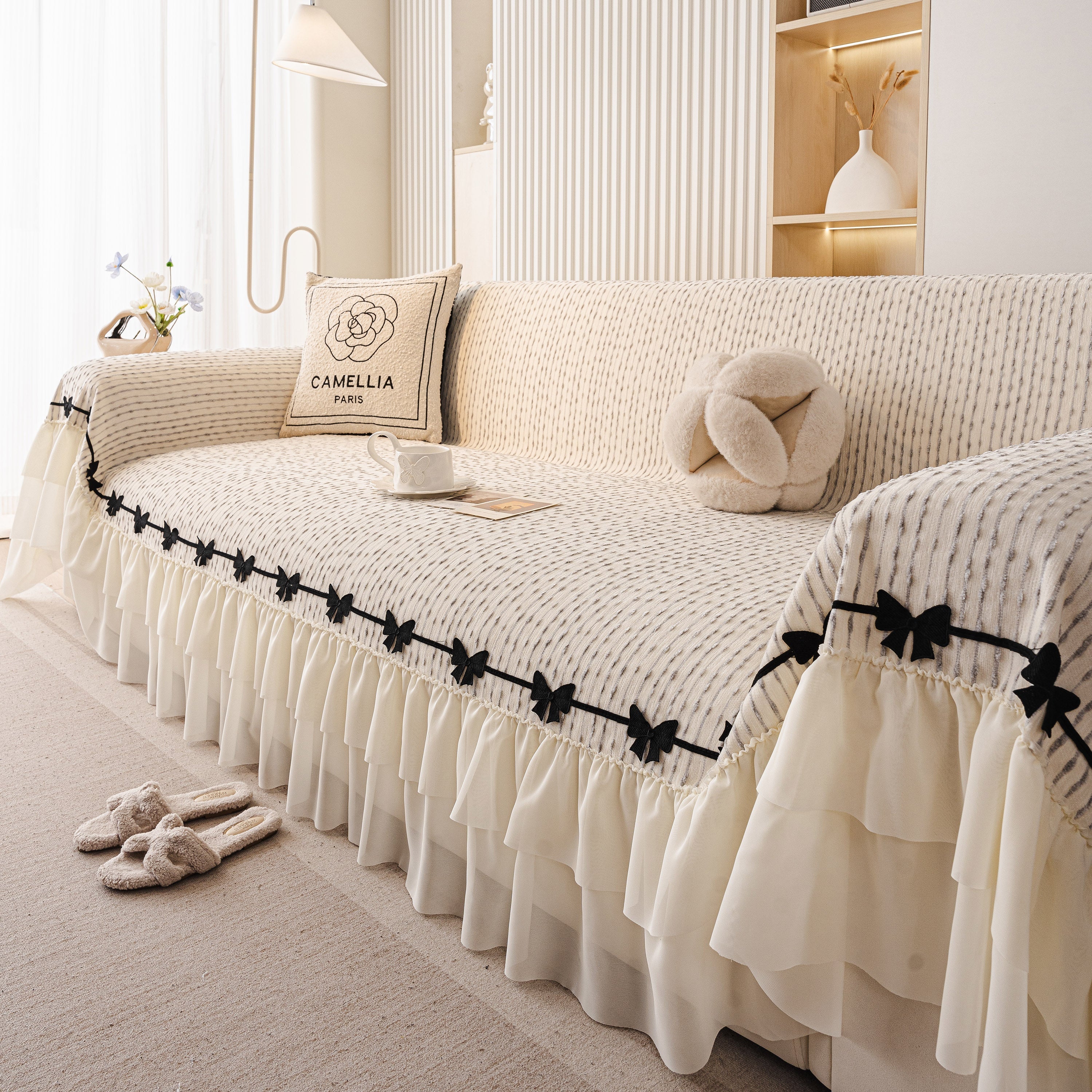 Ruffled Sofa Cover with Bowknot Decor, French Country Style Skirted Couch Slipcover