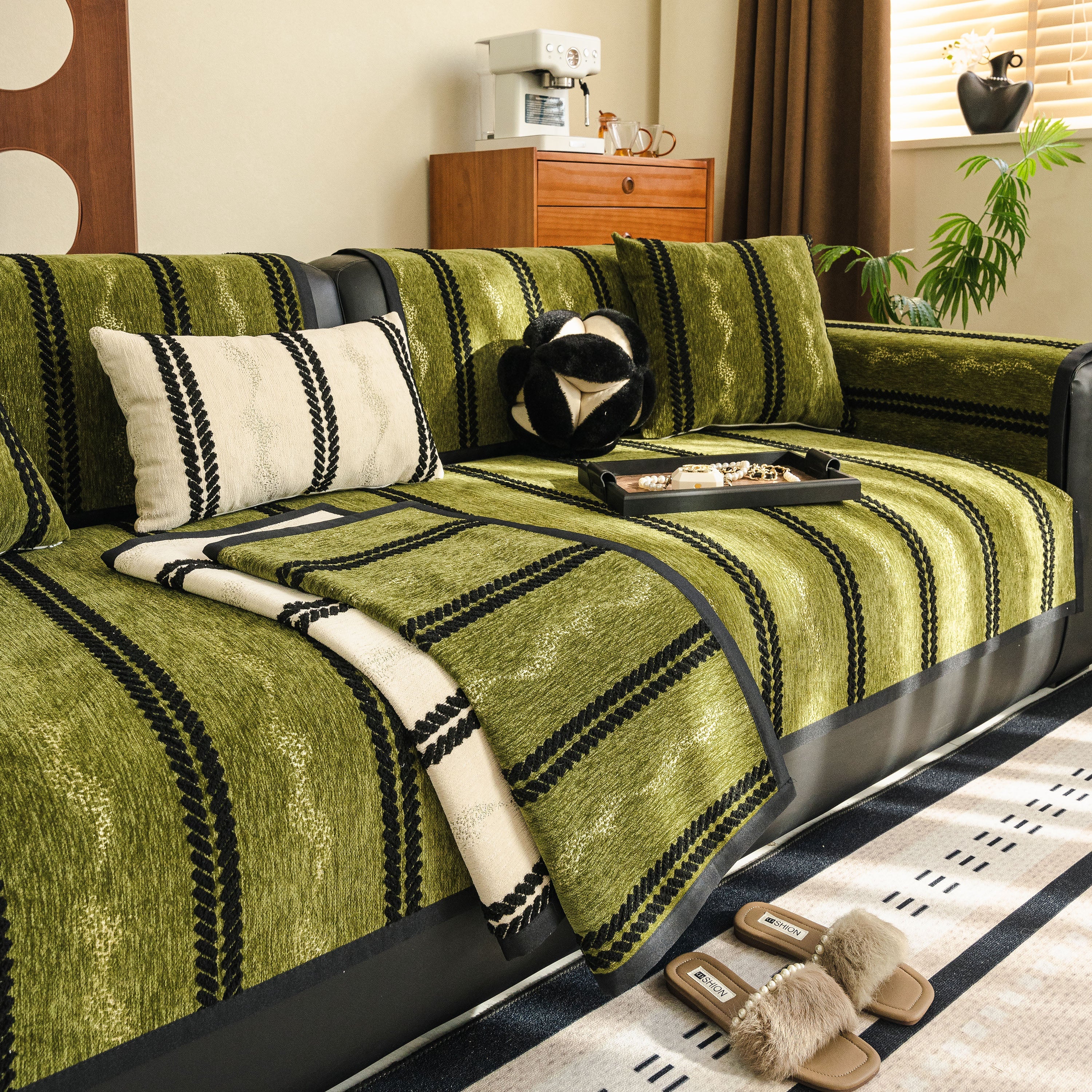 Non-Slip Sofa Cover with Thick Chenille Texture Woven Stripe Couch Protector Throw