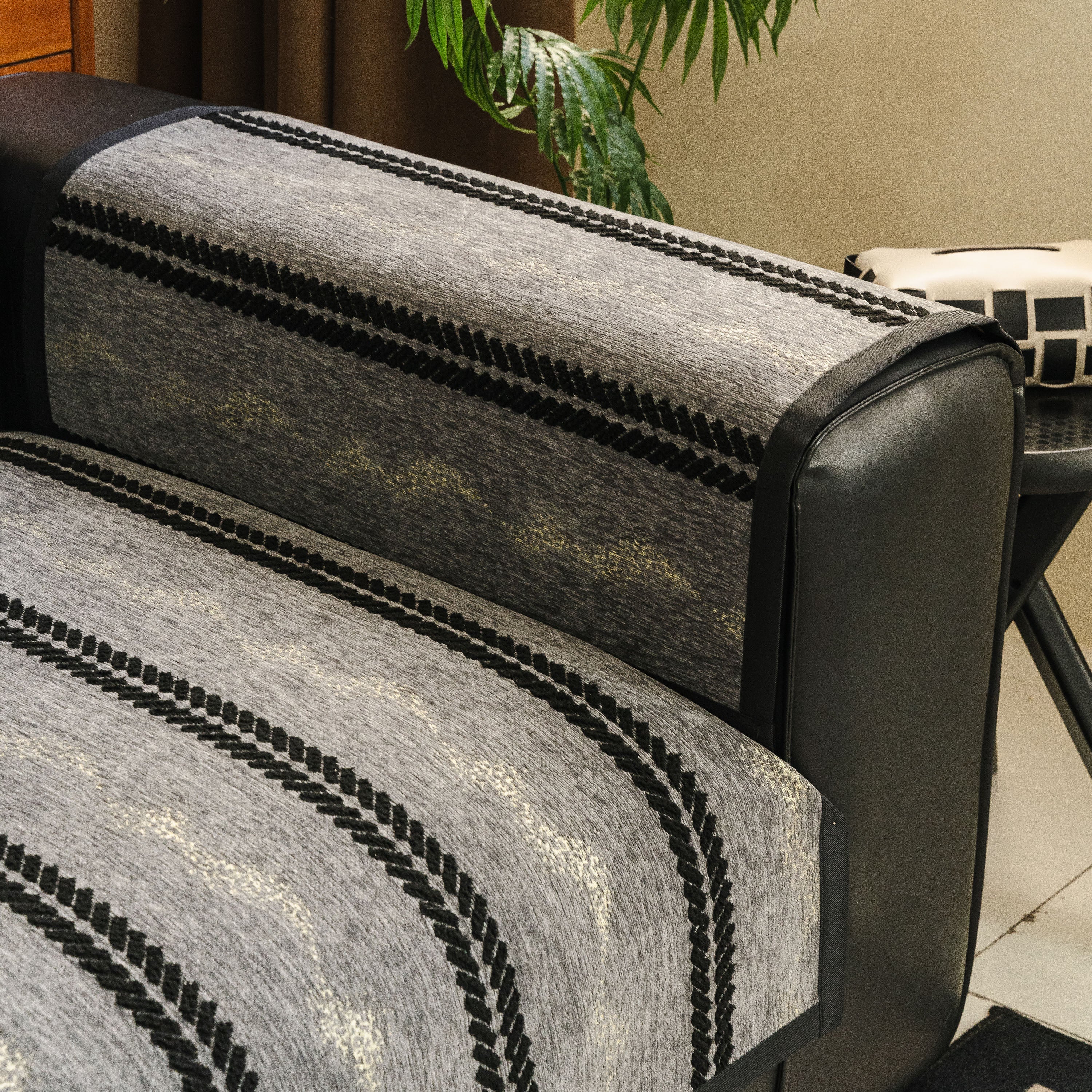 Non-Slip Sofa Cover with Thick Chenille Texture Woven Stripe Couch Protector Throw