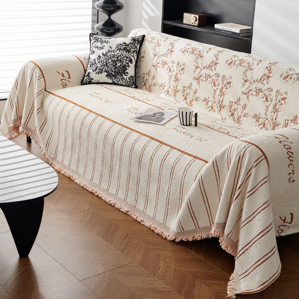 Chenille Striped Floral Couch Cover Sofa Slipcover for Most Shape Sofas, Reversible Sofa Throw Cover