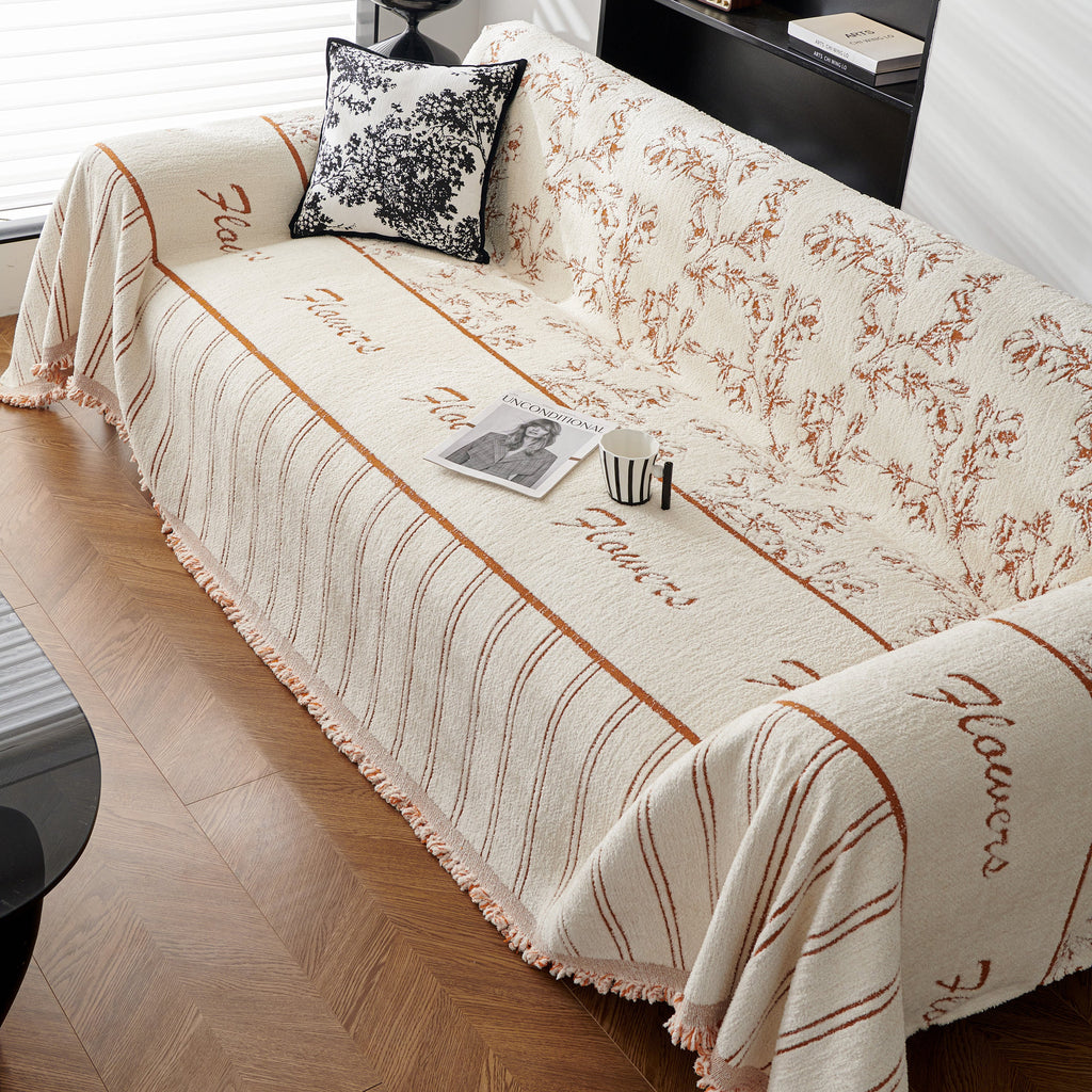 Chenille Striped Floral Couch Cover Sofa Slipcover for Most Shape Sofas, Reversible Sofa Throw Cover