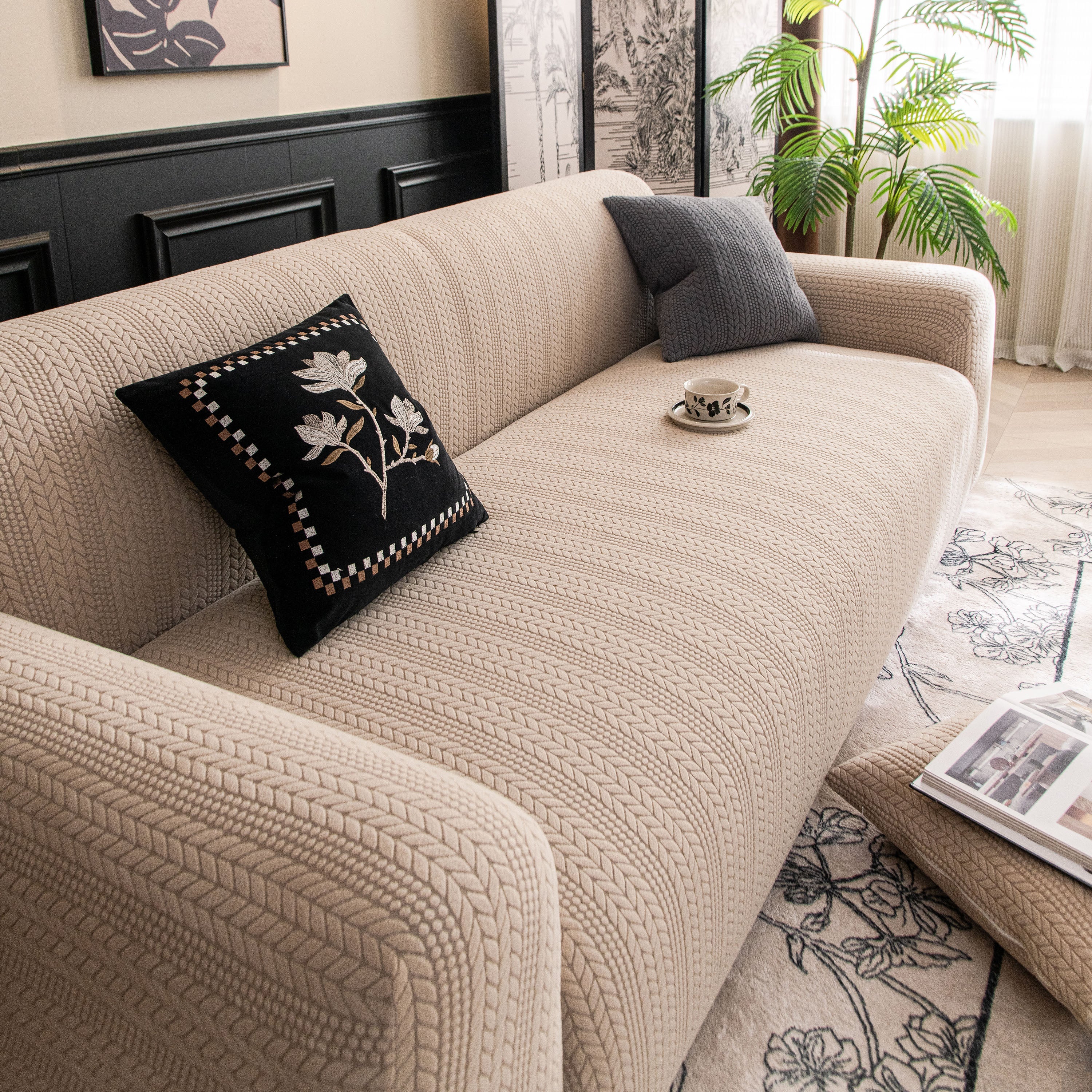 High Stretch Wheat Ear Embossed Textured Couch Slipcover, Water Repellent Sofa Cover