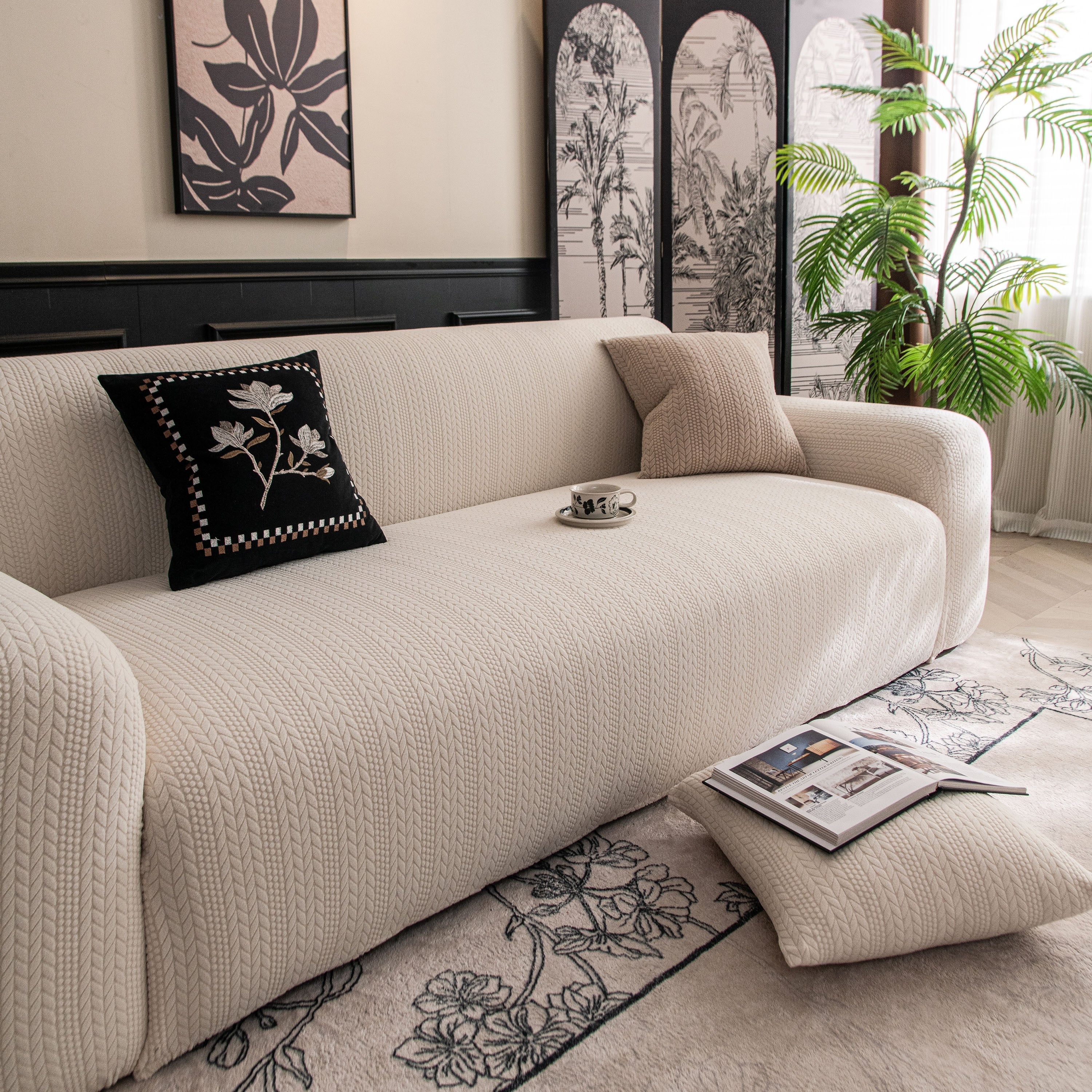 High Stretch Wheat Ear Embossed Textured Couch Slipcover, Water Repellent Sofa Cover