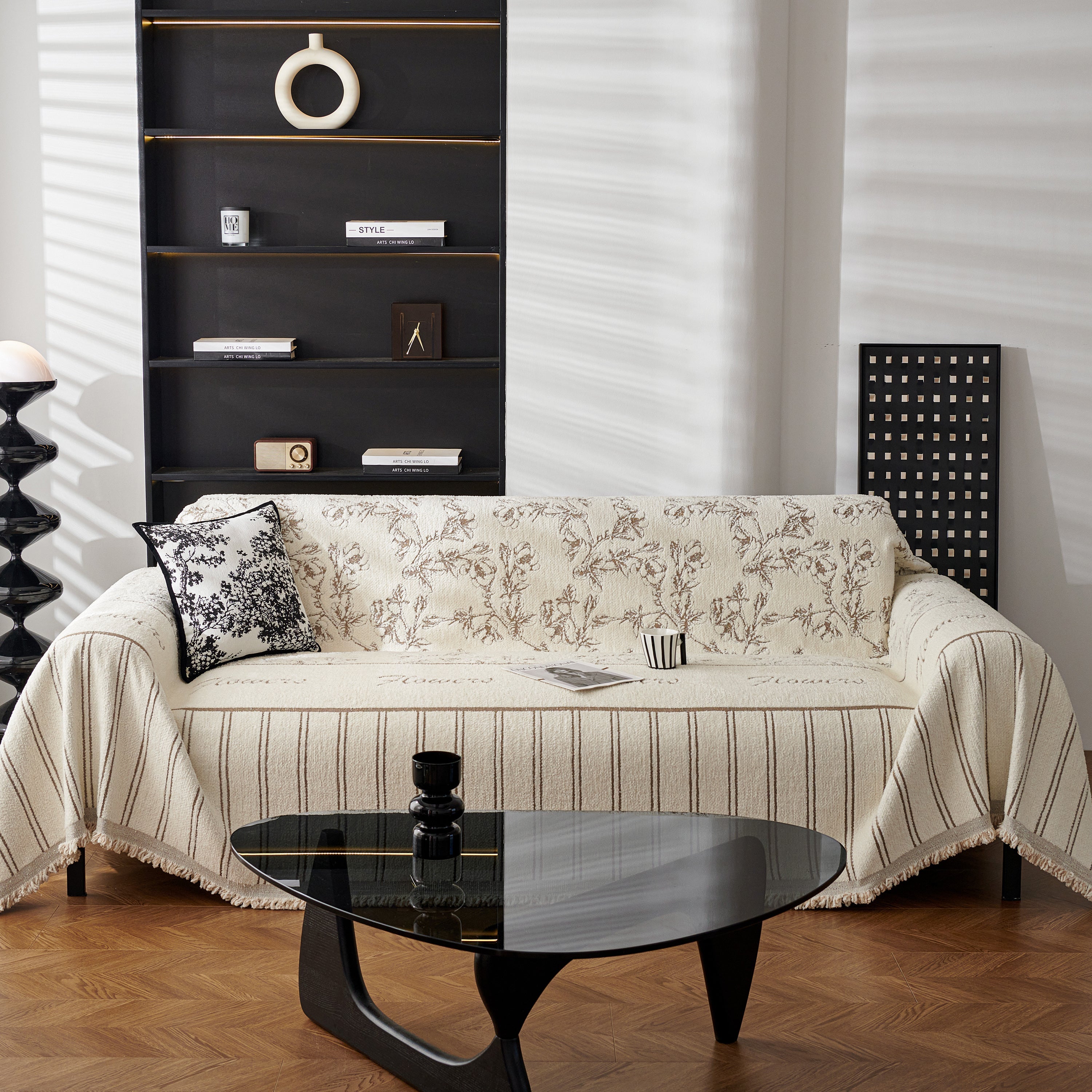 Chenille Striped Floral Couch Cover Sofa Slipcover for Most Shape Sofas, Reversible Sofa Throw Cover