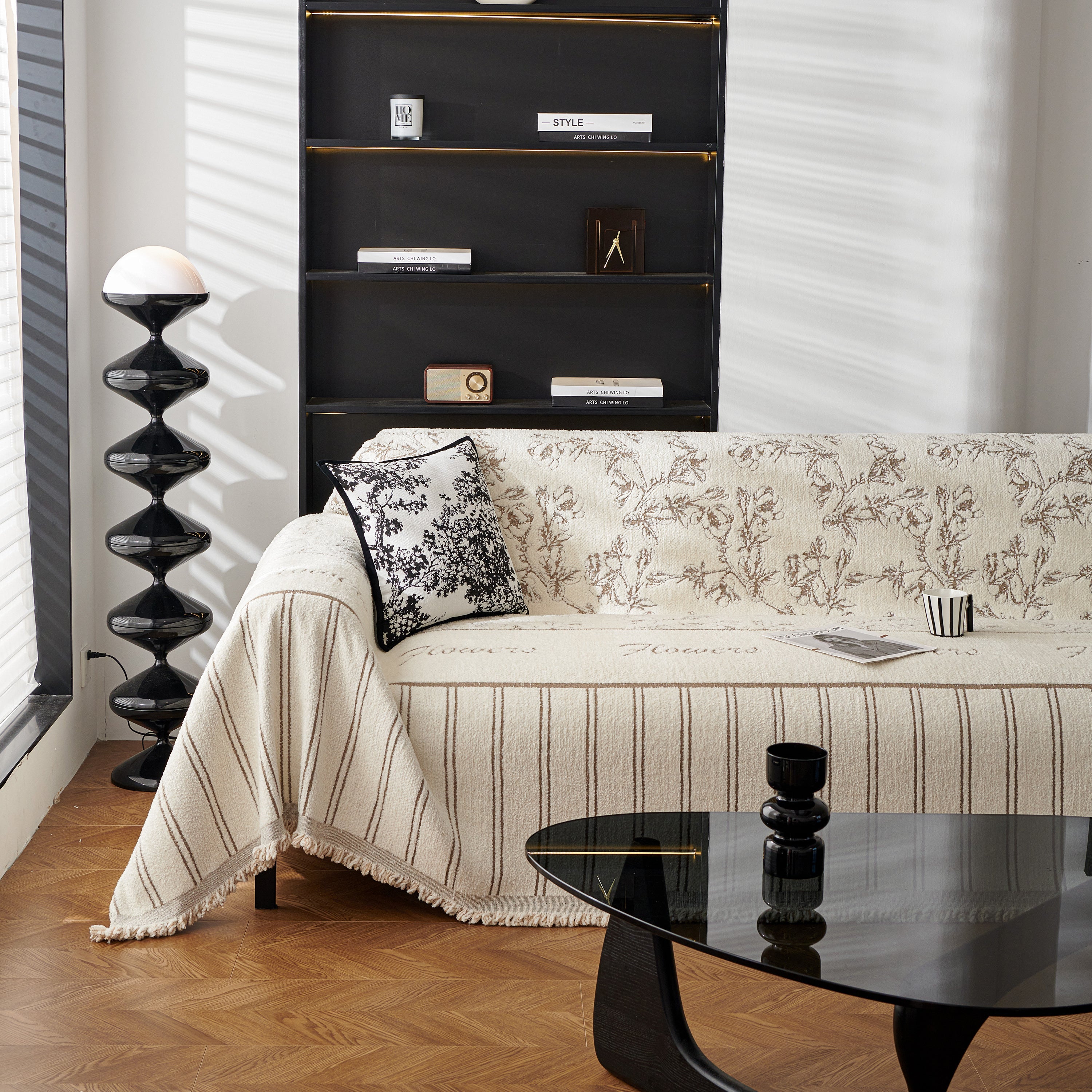 Chenille Striped Floral Couch Cover Sofa Slipcover for Most Shape Sofas, Reversible Sofa Throw Cover