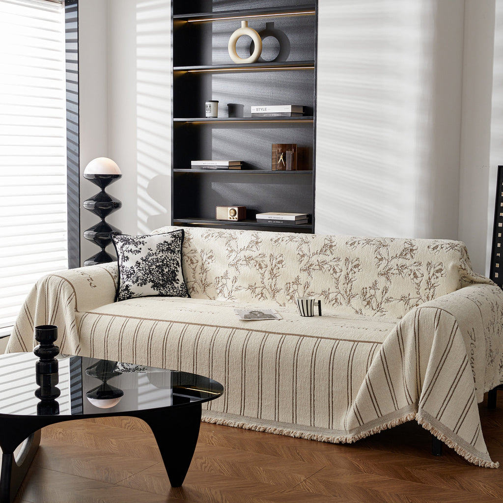 Chenille Striped Floral Couch Cover Sofa Slipcover for Most Shape Sofas, Reversible Sofa Throw Cover