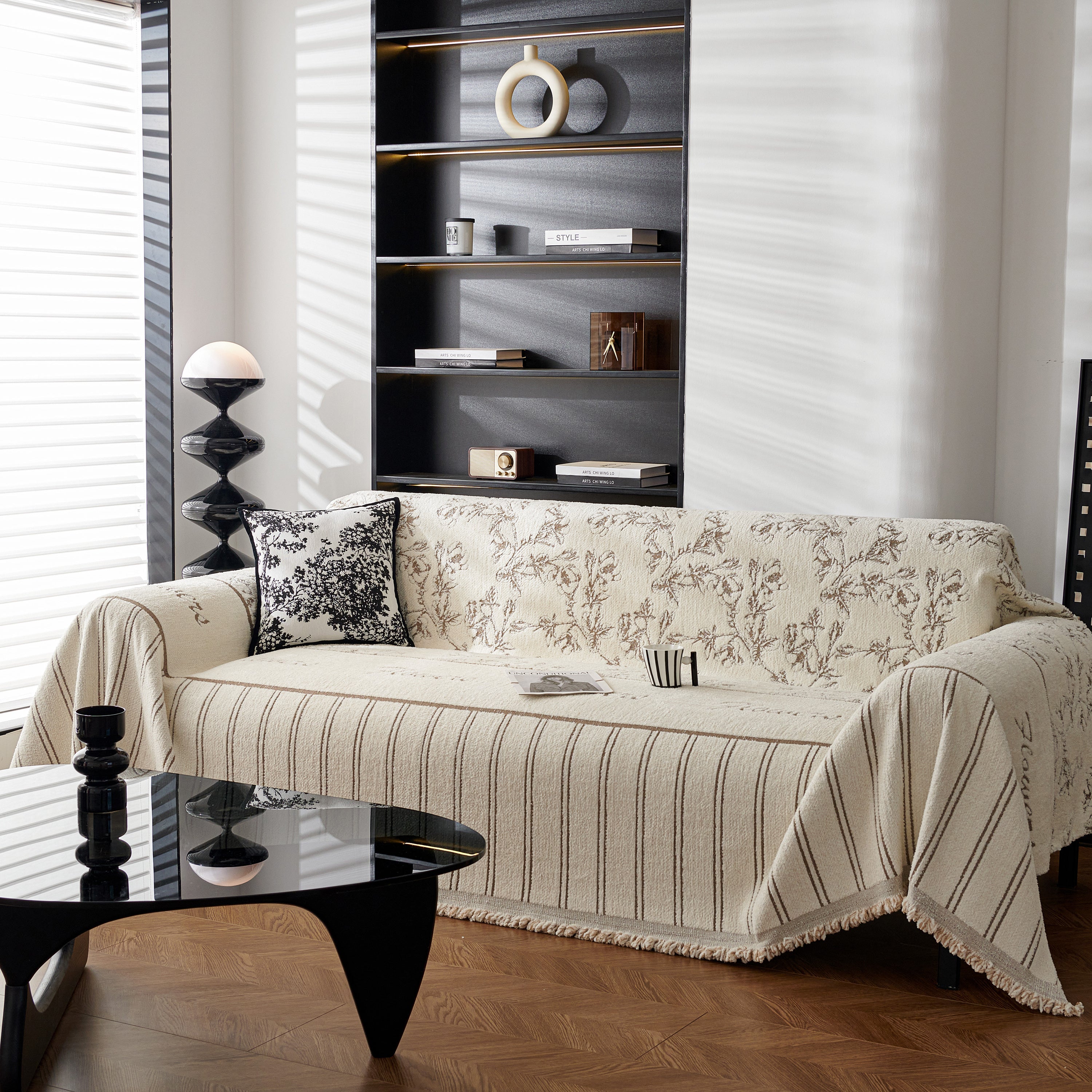 Chenille Striped Floral Couch Cover Sofa Slipcover for Most Shape Sofas, Reversible Sofa Throw Cover