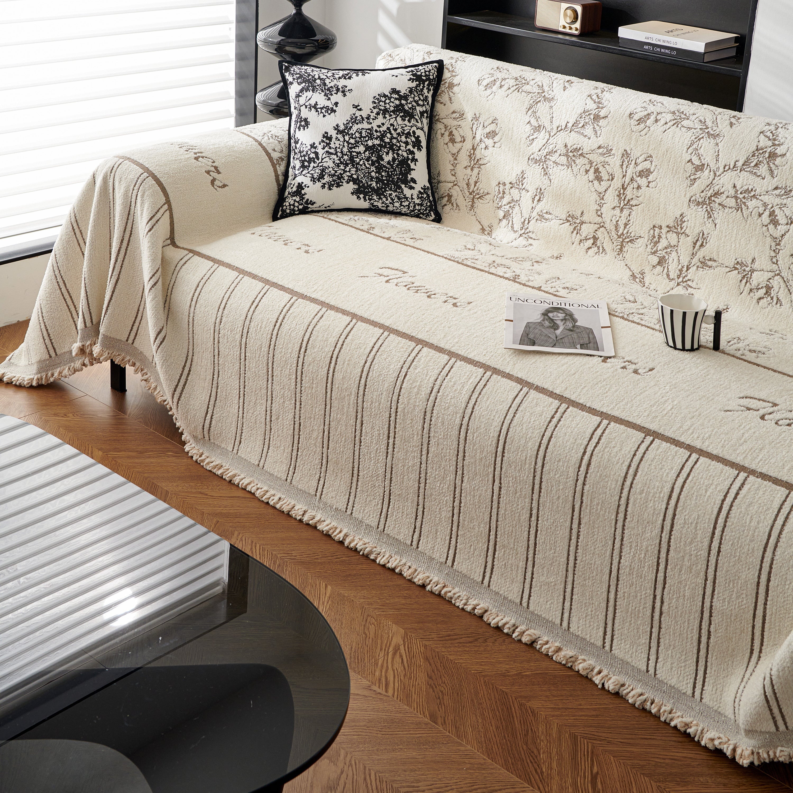 Chenille Striped Floral Couch Cover Sofa Slipcover for Most Shape Sofas, Reversible Sofa Throw Cover