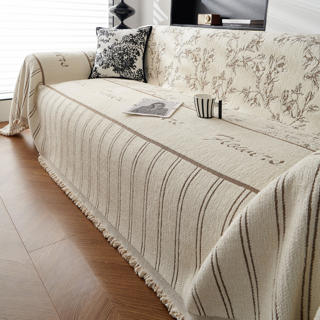 Chenille Striped Floral Couch Cover Sofa Slipcover for Most Shape Sofas, Reversible Sofa Throw Cover