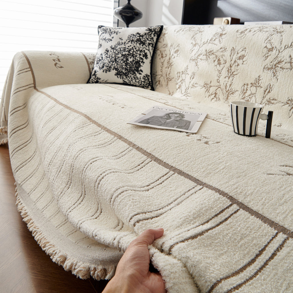 Chenille Striped Floral Couch Cover Sofa Slipcover for Most Shape Sofas, Reversible Sofa Throw Cover