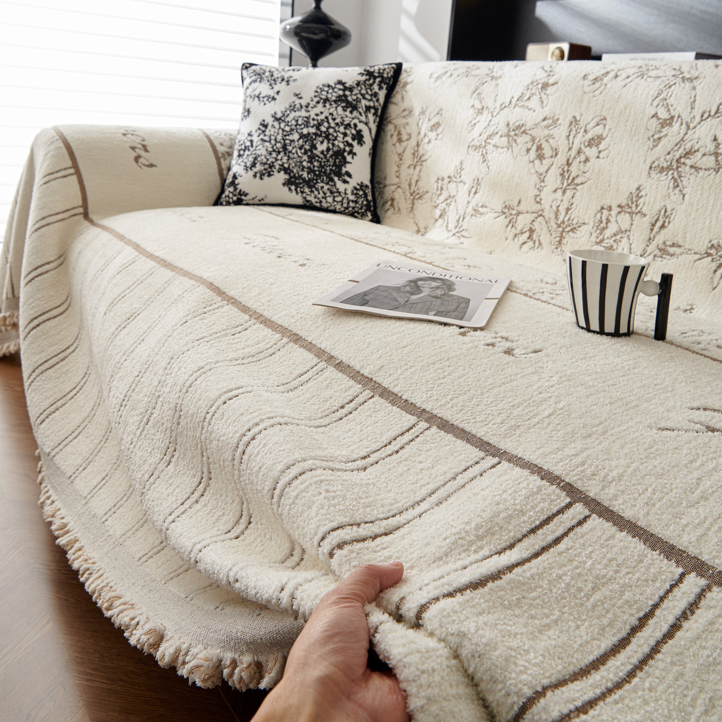 Chenille Striped Floral Couch Cover Sofa Slipcover for Most Shape Sofas, Reversible Sofa Throw Cover