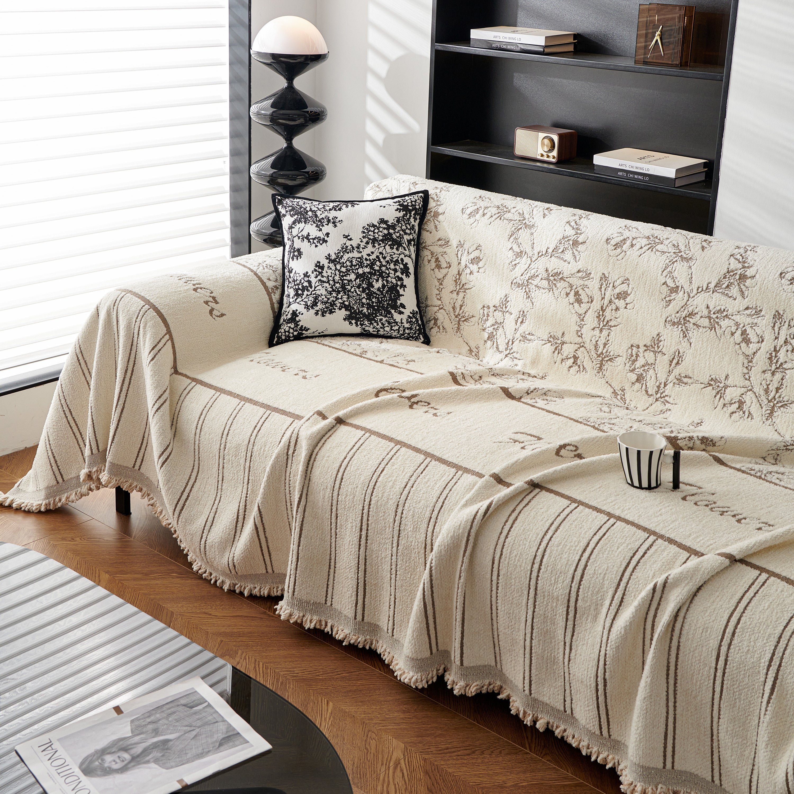 Chenille Striped Floral Couch Cover Sofa Slipcover for Most Shape Sofas, Reversible Sofa Throw Cover