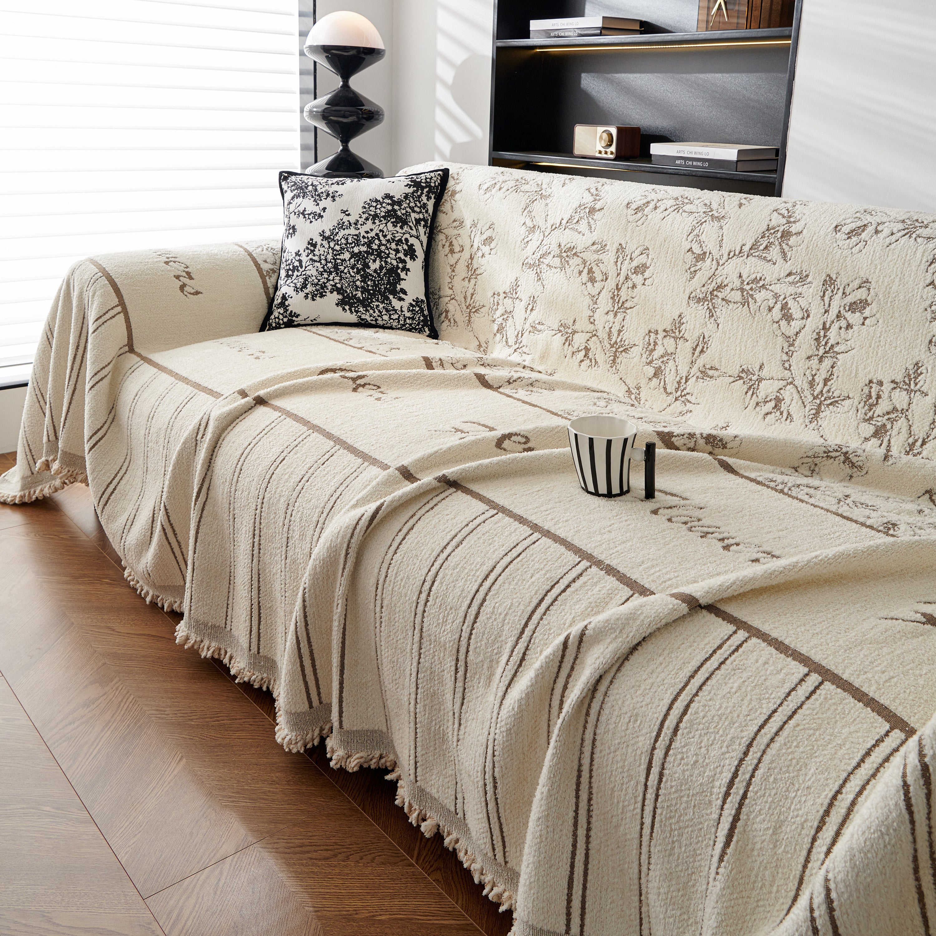 Chenille Striped Floral Couch Cover Sofa Slipcover for Most Shape Sofas, Reversible Sofa Throw Cover