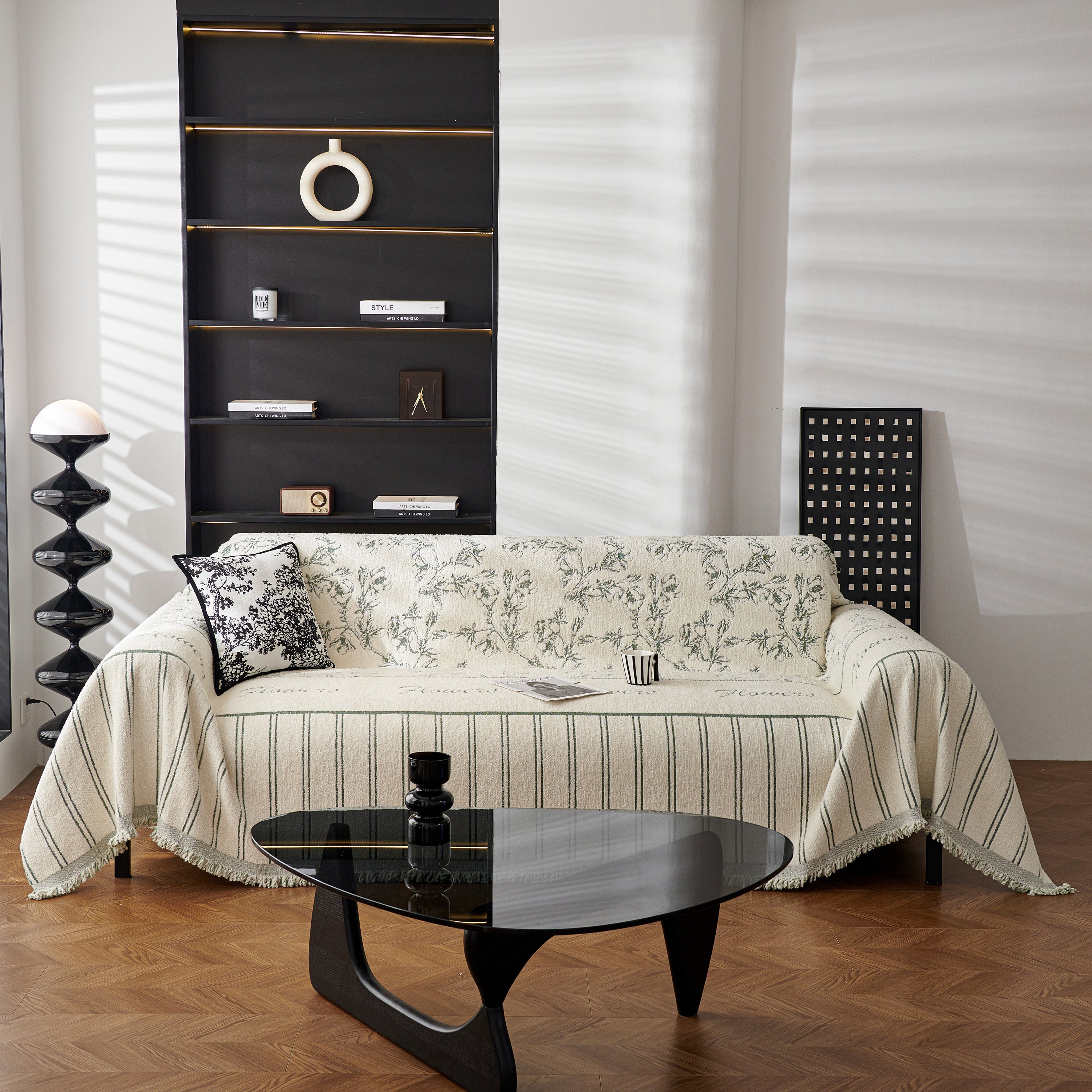 Chenille Striped Floral Couch Cover Sofa Slipcover for Most Shape Sofas, Reversible Sofa Throw Cover