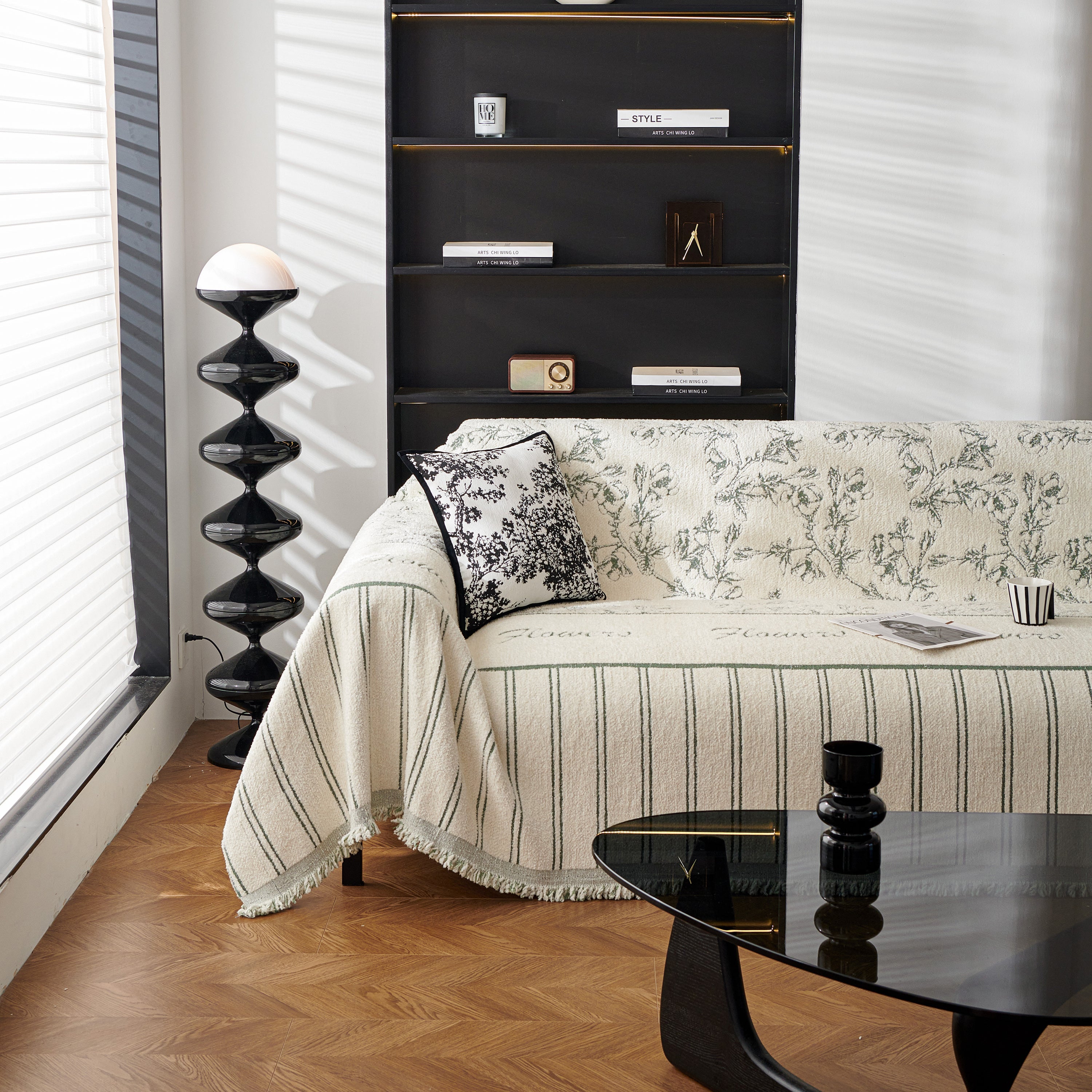 Chenille Striped Floral Couch Cover Sofa Slipcover for Most Shape Sofas, Reversible Sofa Throw Cover