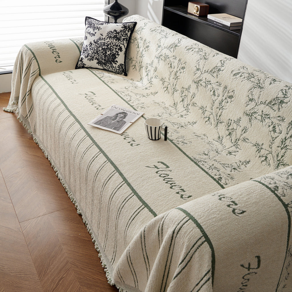 Chenille Striped Floral Couch Cover Sofa Slipcover for Most Shape Sofas, Reversible Sofa Throw Cover