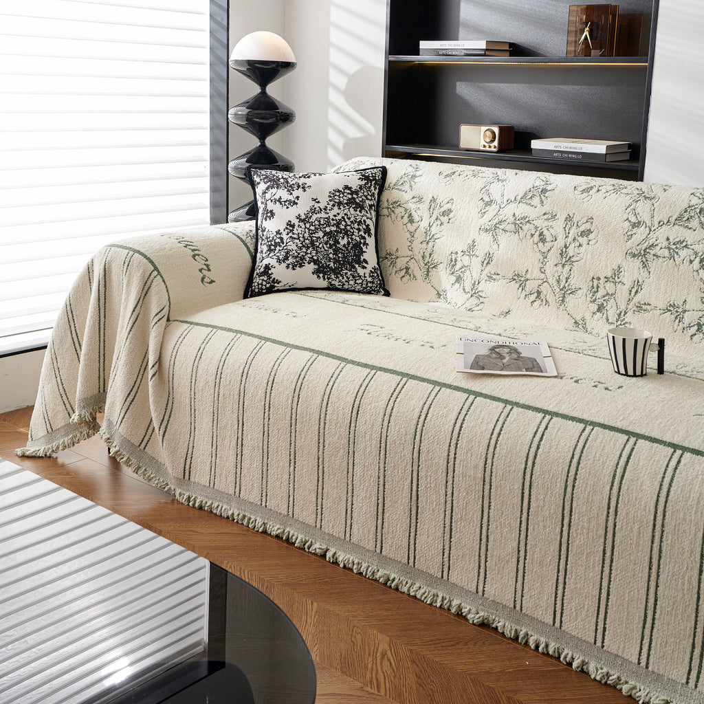 Chenille Striped Floral Couch Cover Sofa Slipcover for Most Shape Sofas, Reversible Sofa Throw Cover