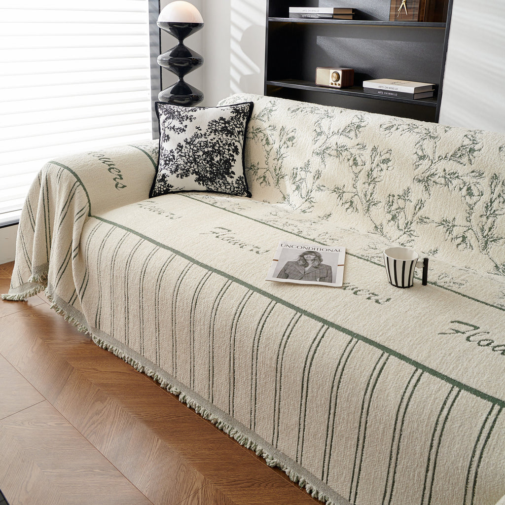Chenille Striped Floral Couch Cover Sofa Slipcover for Most Shape Sofas, Reversible Sofa Throw Cover