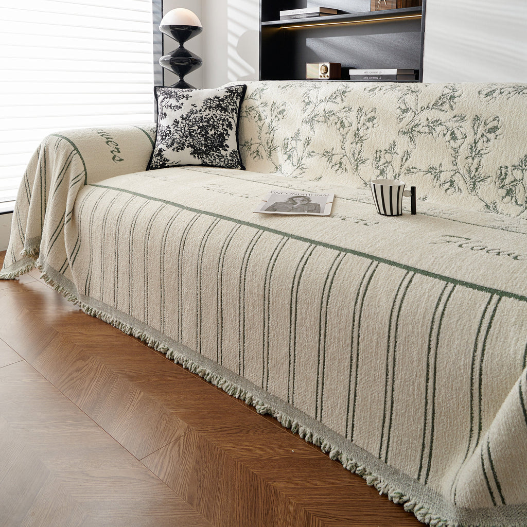 Chenille Striped Floral Couch Cover Sofa Slipcover for Most Shape Sofas, Reversible Sofa Throw Cover