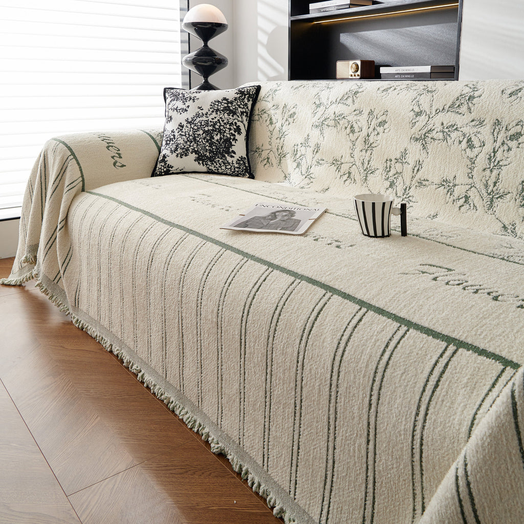 Chenille Striped Floral Couch Cover Sofa Slipcover for Most Shape Sofas, Reversible Sofa Throw Cover