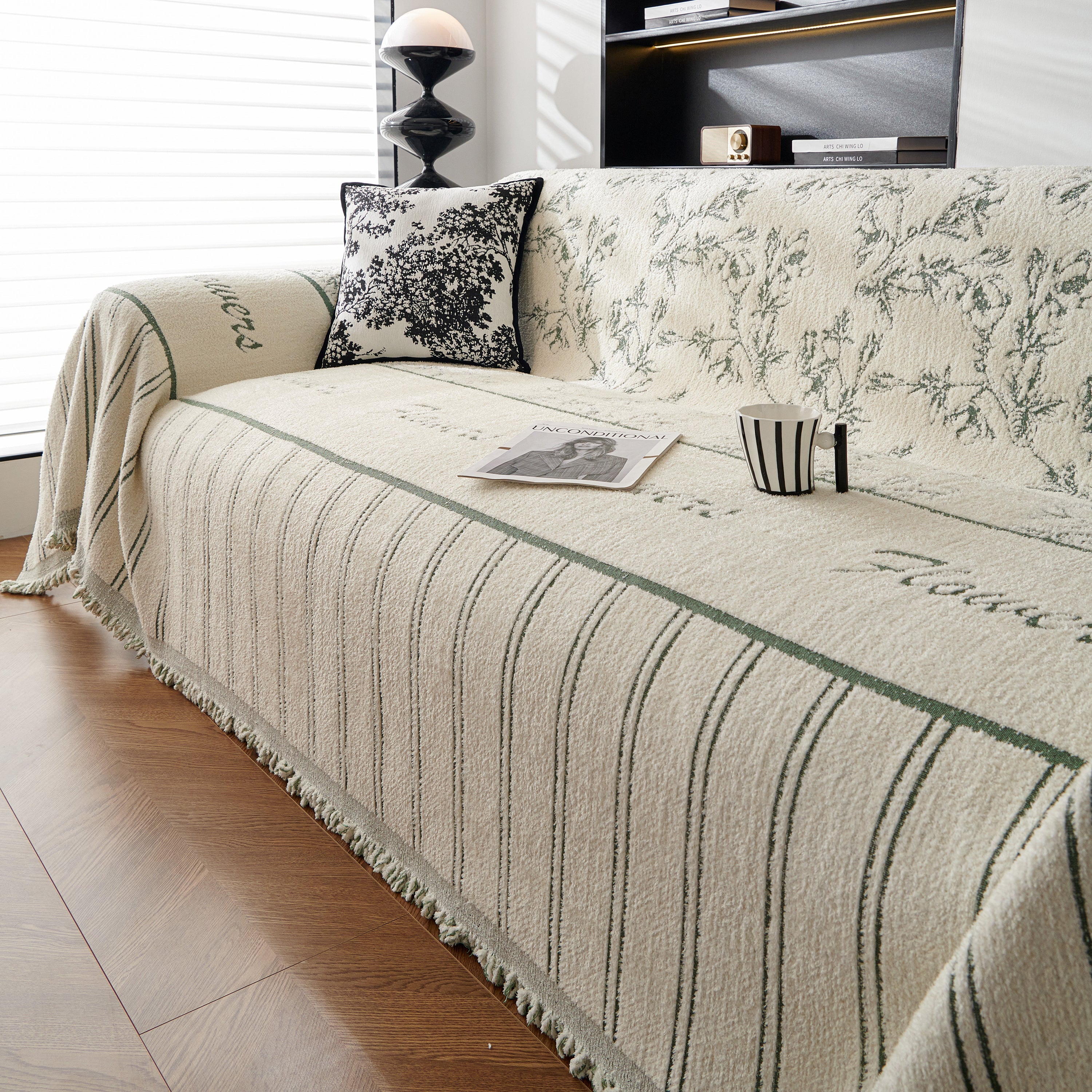 Chenille Striped Floral Couch Cover Sofa Slipcover for Most Shape Sofas, Reversible Sofa Throw Cover