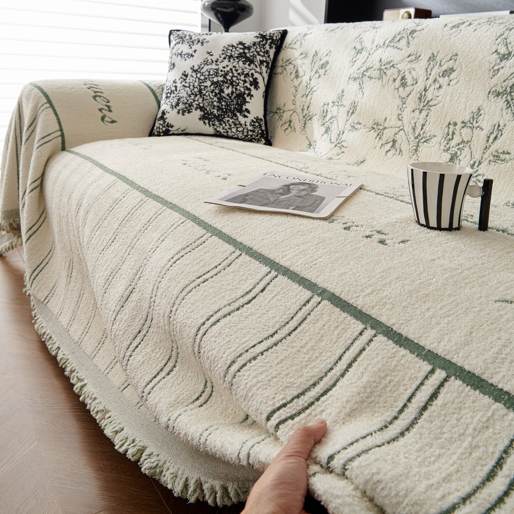 Chenille Striped Floral Couch Cover Sofa Slipcover for Most Shape Sofas, Reversible Sofa Throw Cover