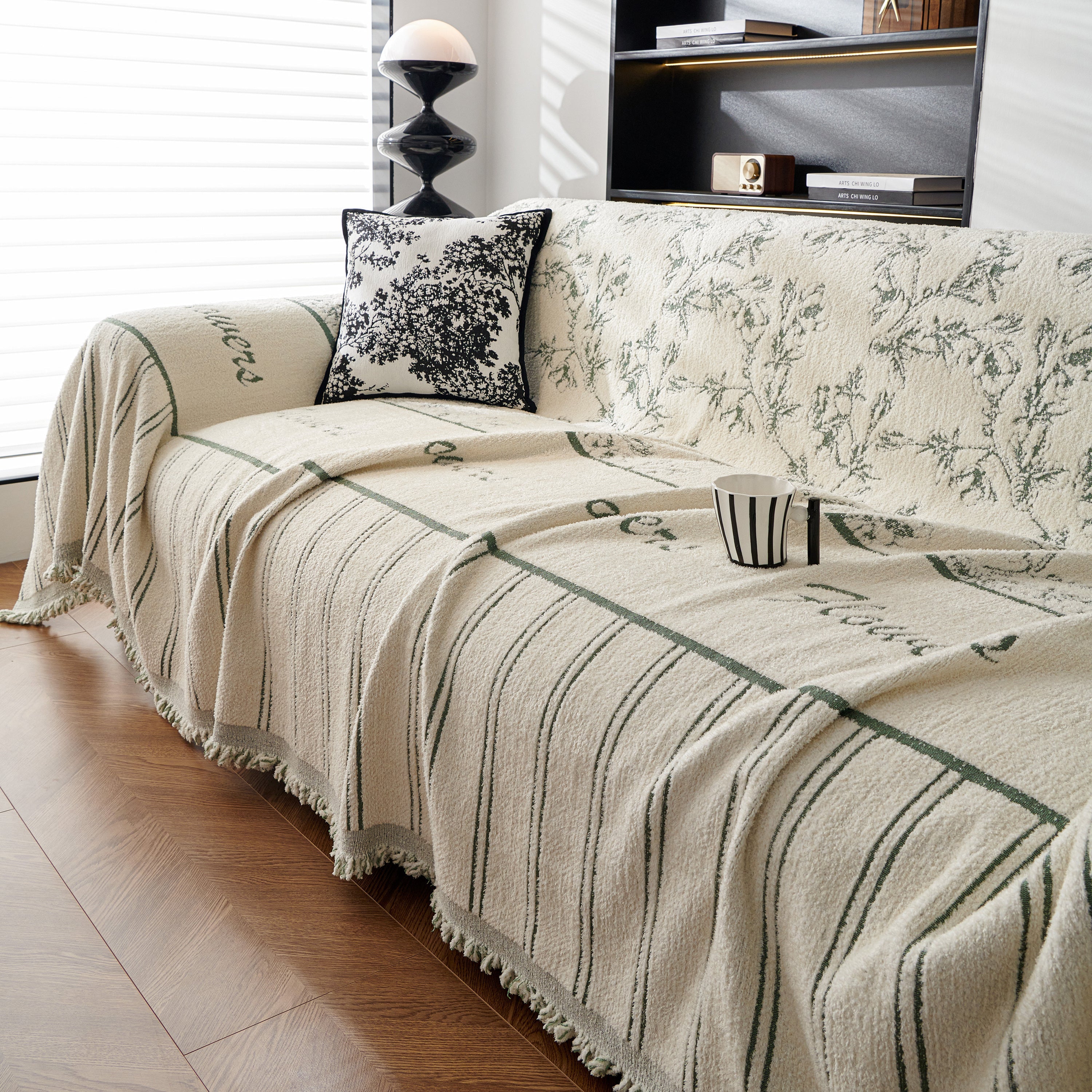 Chenille Striped Floral Couch Cover Sofa Slipcover for Most Shape Sofas, Reversible Sofa Throw Cover