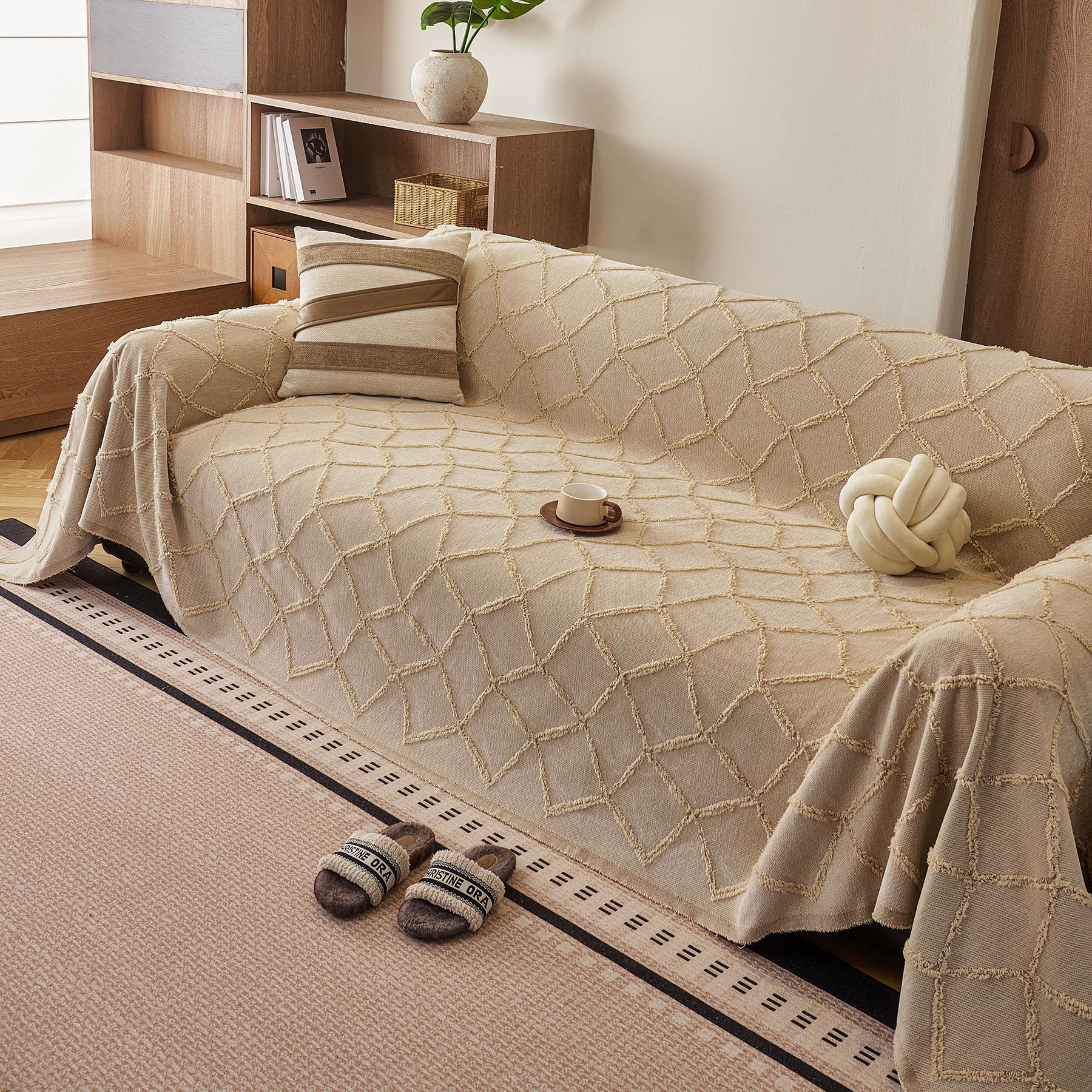 Soft Chenille Sofa Throw Cover, Raised Geometric Texture Furniture Protector Blanket