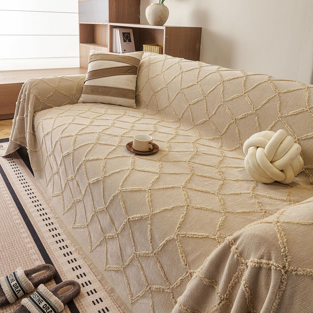 Soft Chenille Sofa Throw Cover, Raised Geometric Texture Furniture Protector Blanket