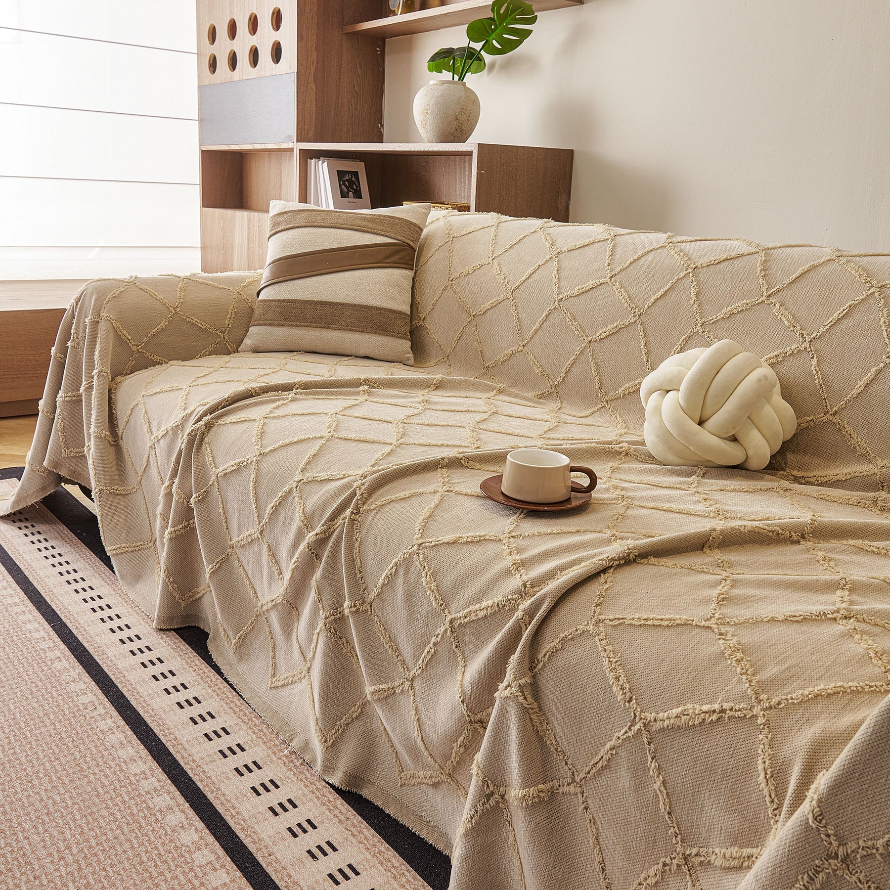 Soft Chenille Sofa Throw Cover, Raised Geometric Texture Furniture Protector Blanket